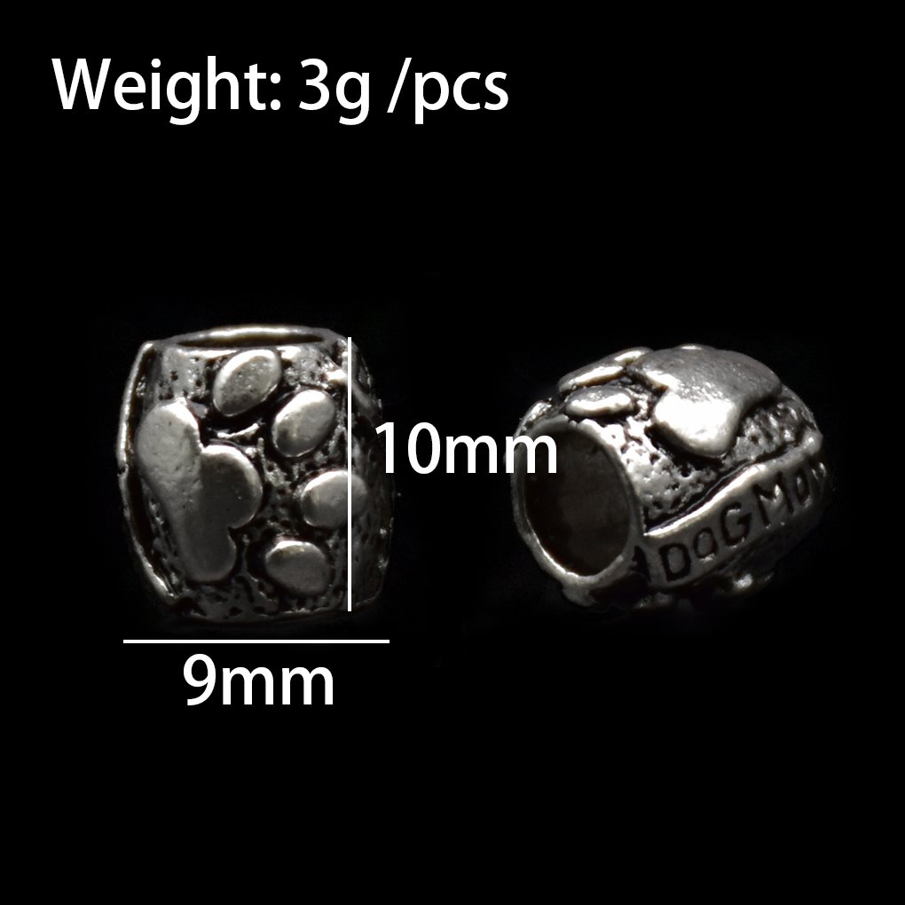 cylinder shape big hole antique silver pandora beads with words dog mum and dog paw pattern carved on the surface marked Length 10mm Width 9mm Height 10mm and weight 3g