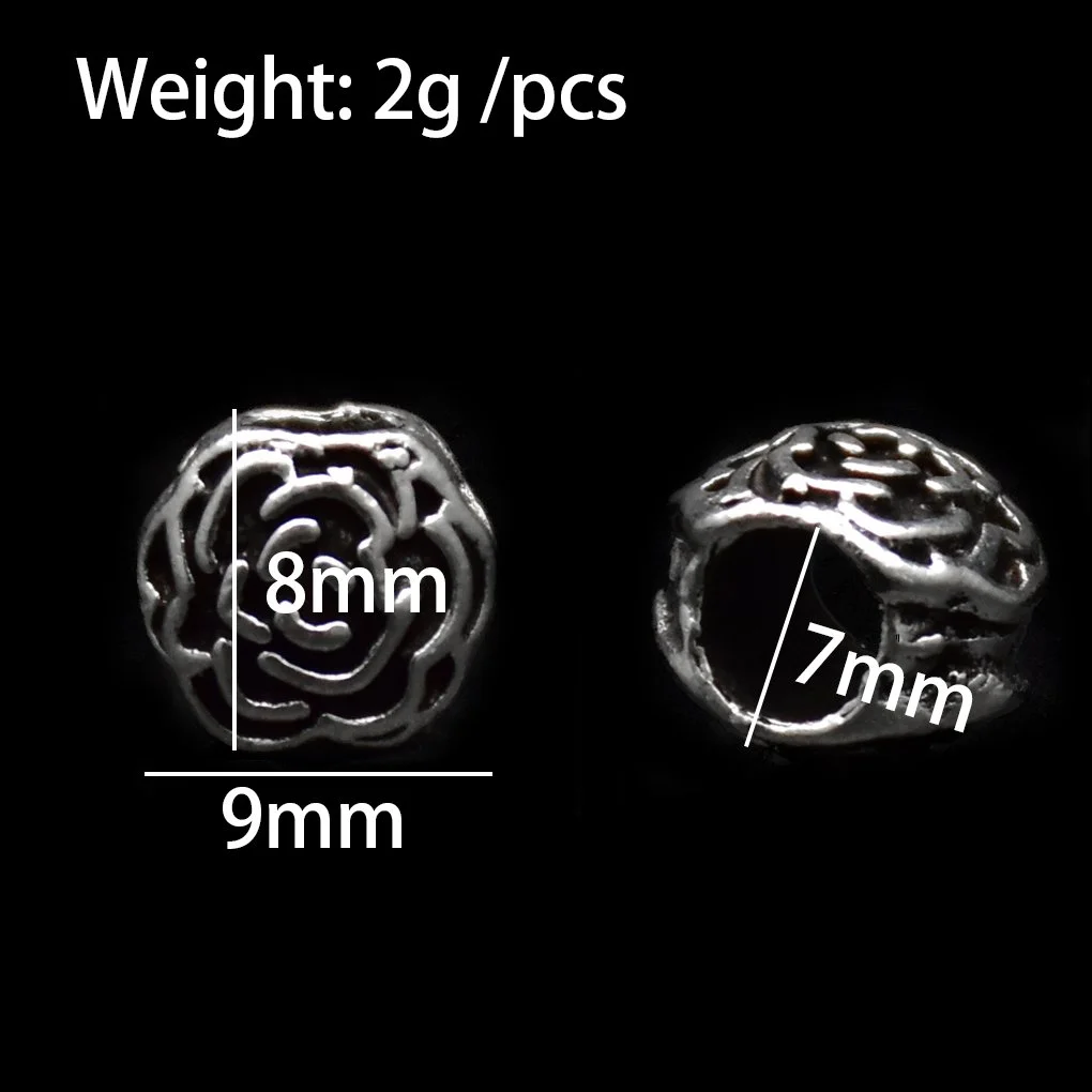 two rose shape carved big hole pandora beads showcase in black background marked length 9mm width 7mm and height 8mm