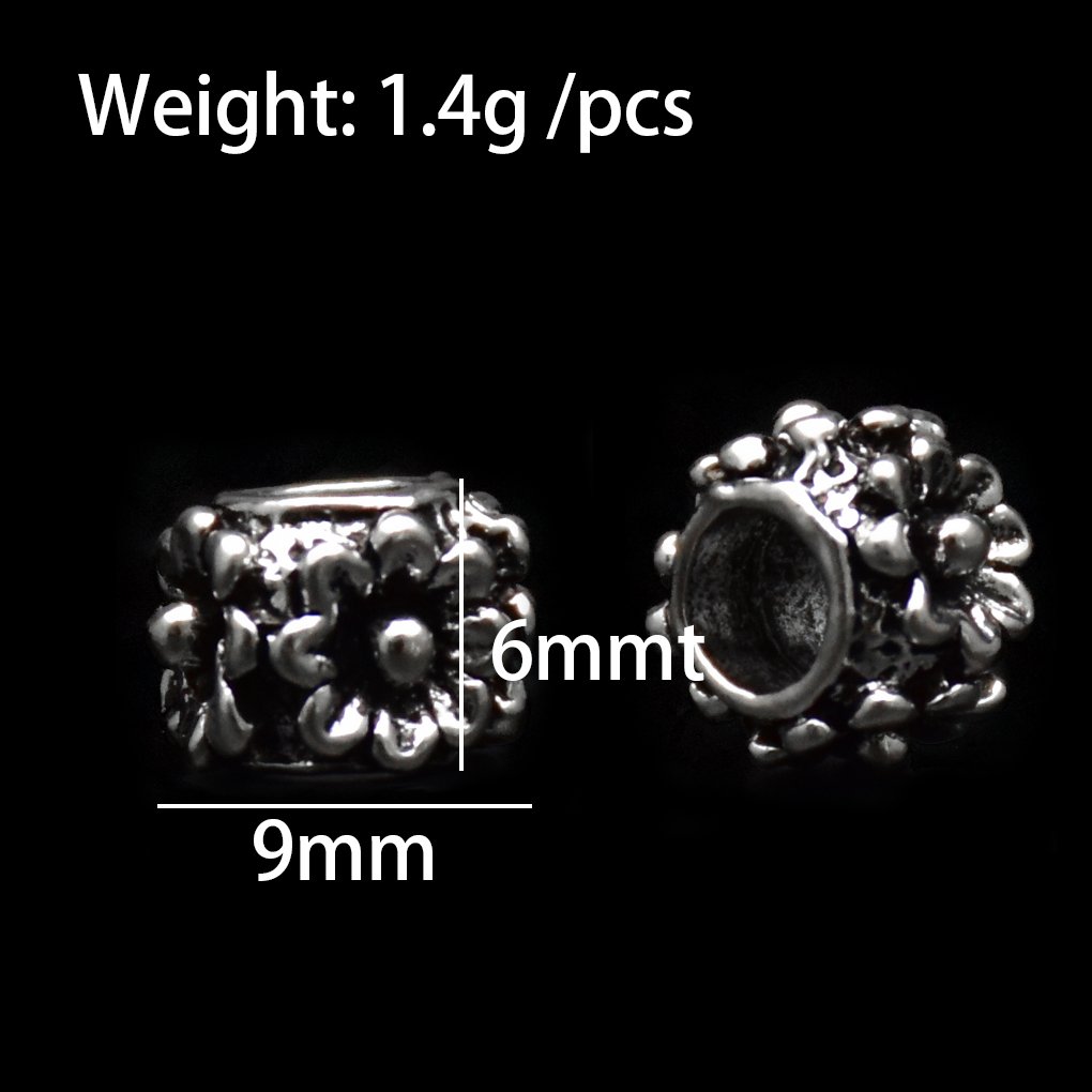 four faces with flower pattern big hole beads in antique silver color marked length 9mm width 9mm and height 6mm