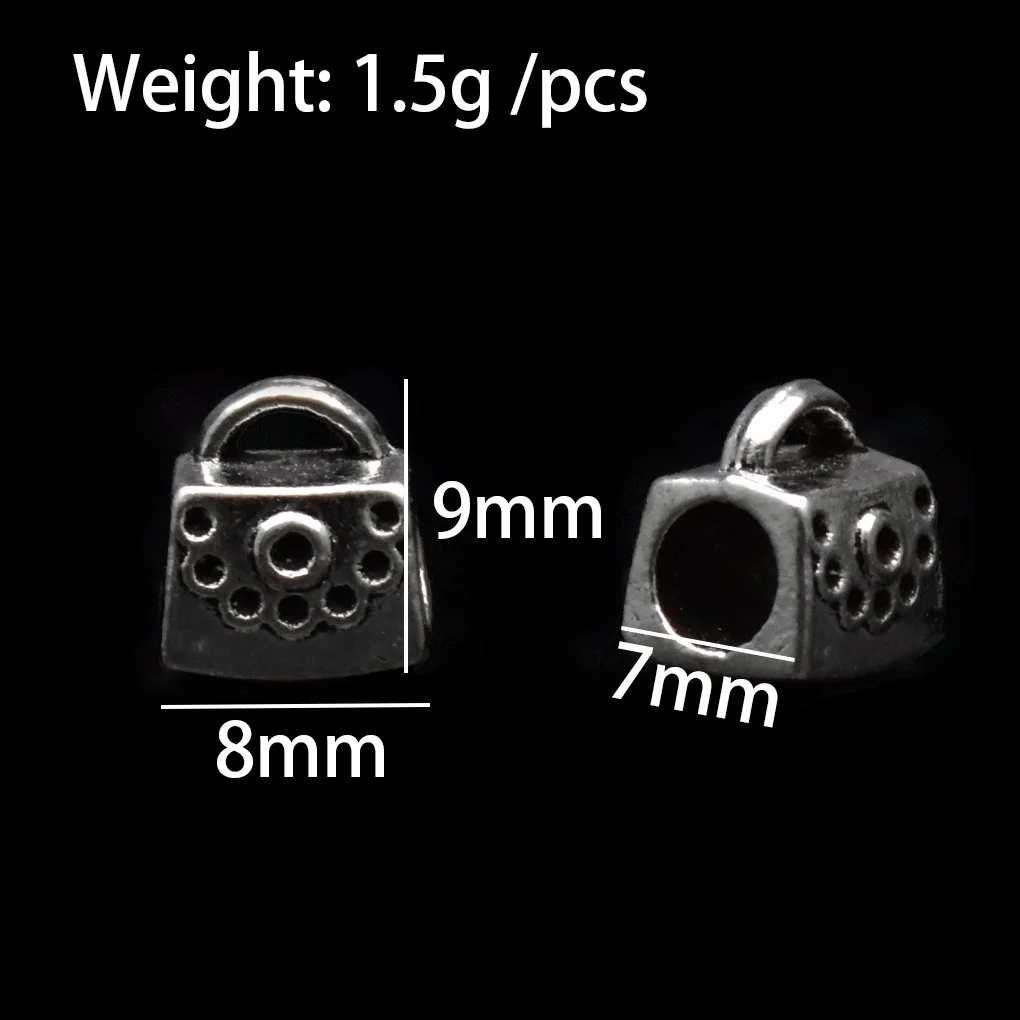 three antique silver color handbag shape big hole pandora beads marked length 8mm width 7mm and height 9mm