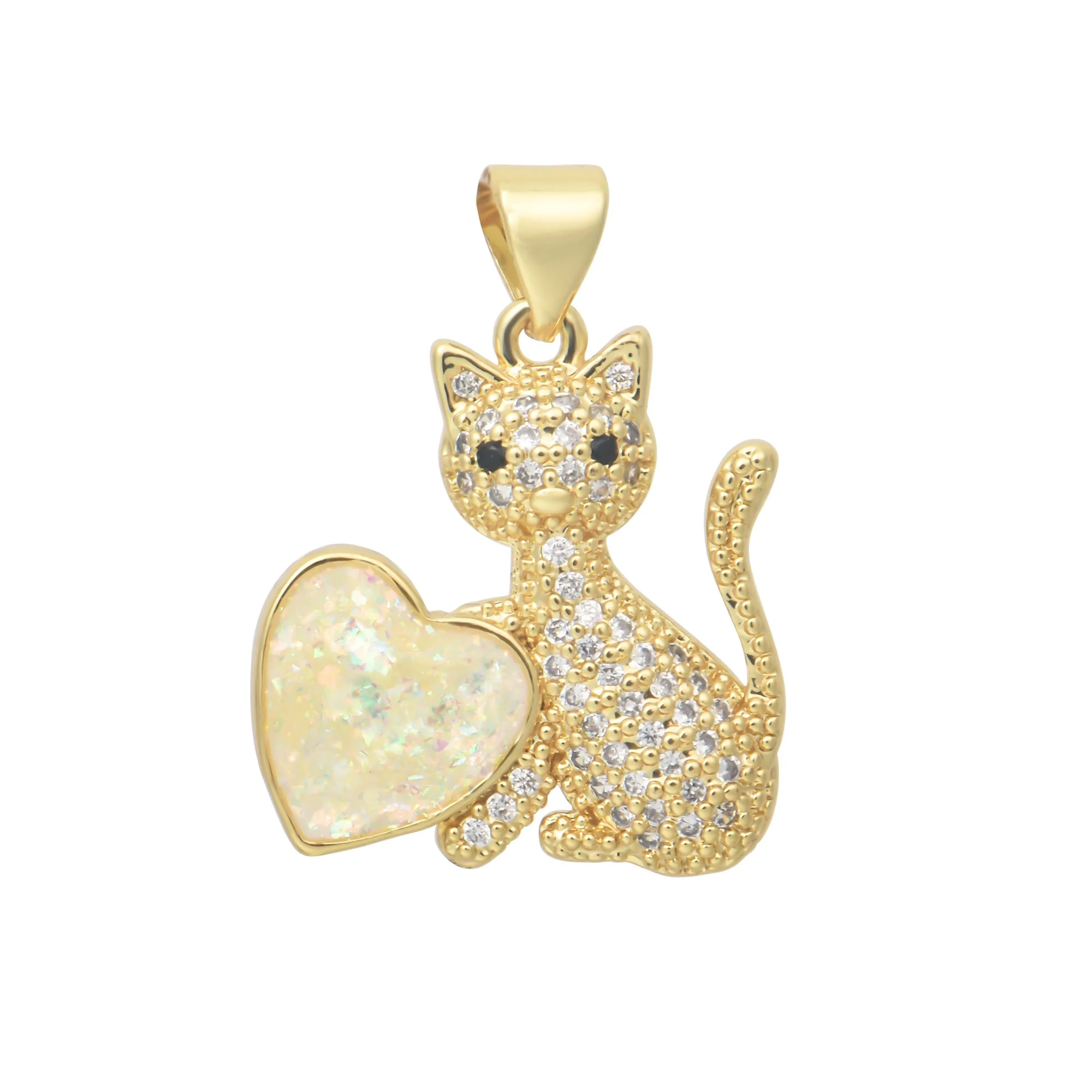 Cat with Heart White Opal Gold Charms