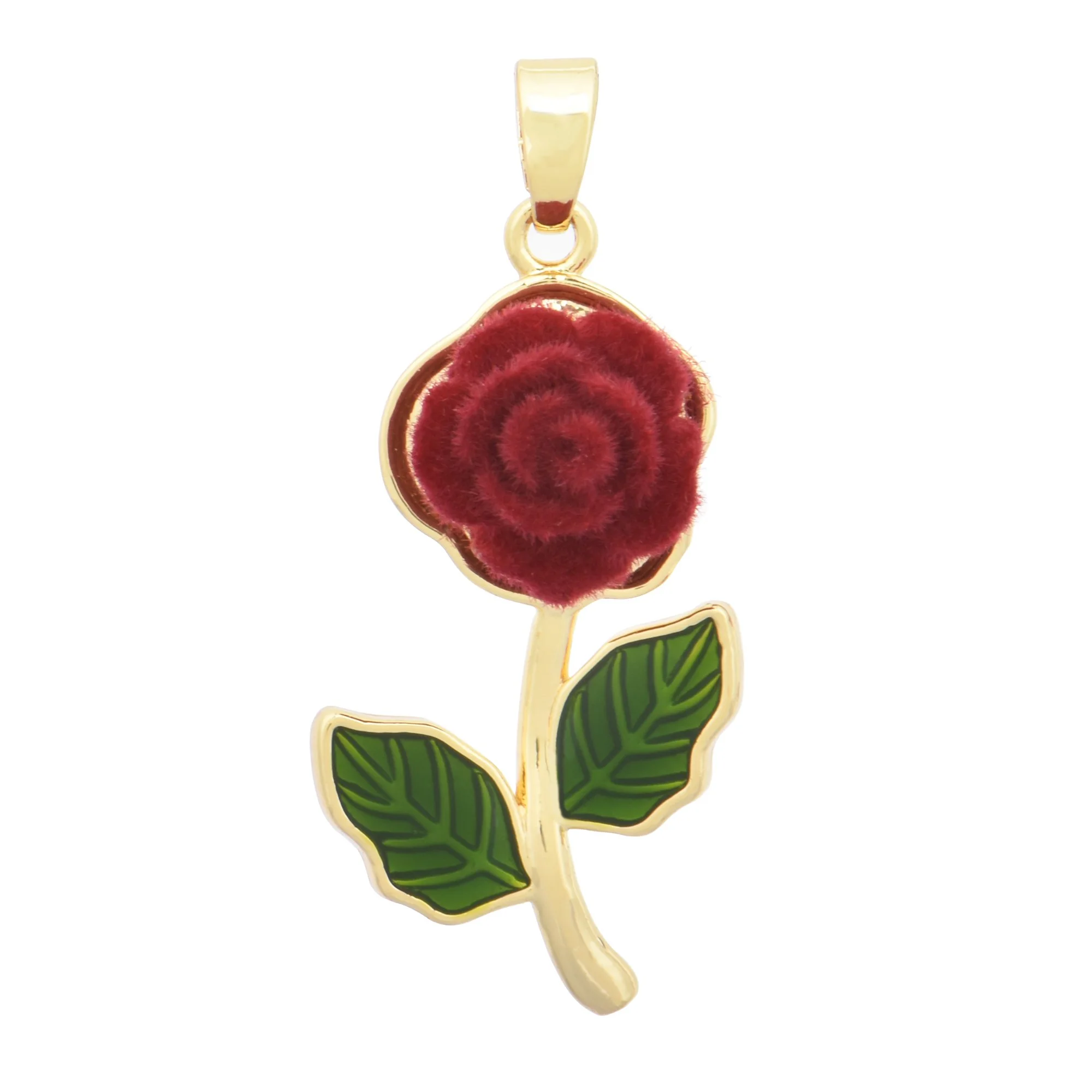 Enamel Leaf Flocked Velvet Rose Charms