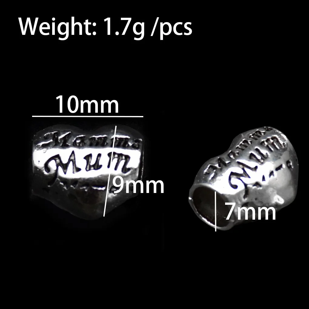 heart shape big hole pandora  jewelry beads with mammie and mum carved on the surface marked length 10mm width 7mm height 9mm