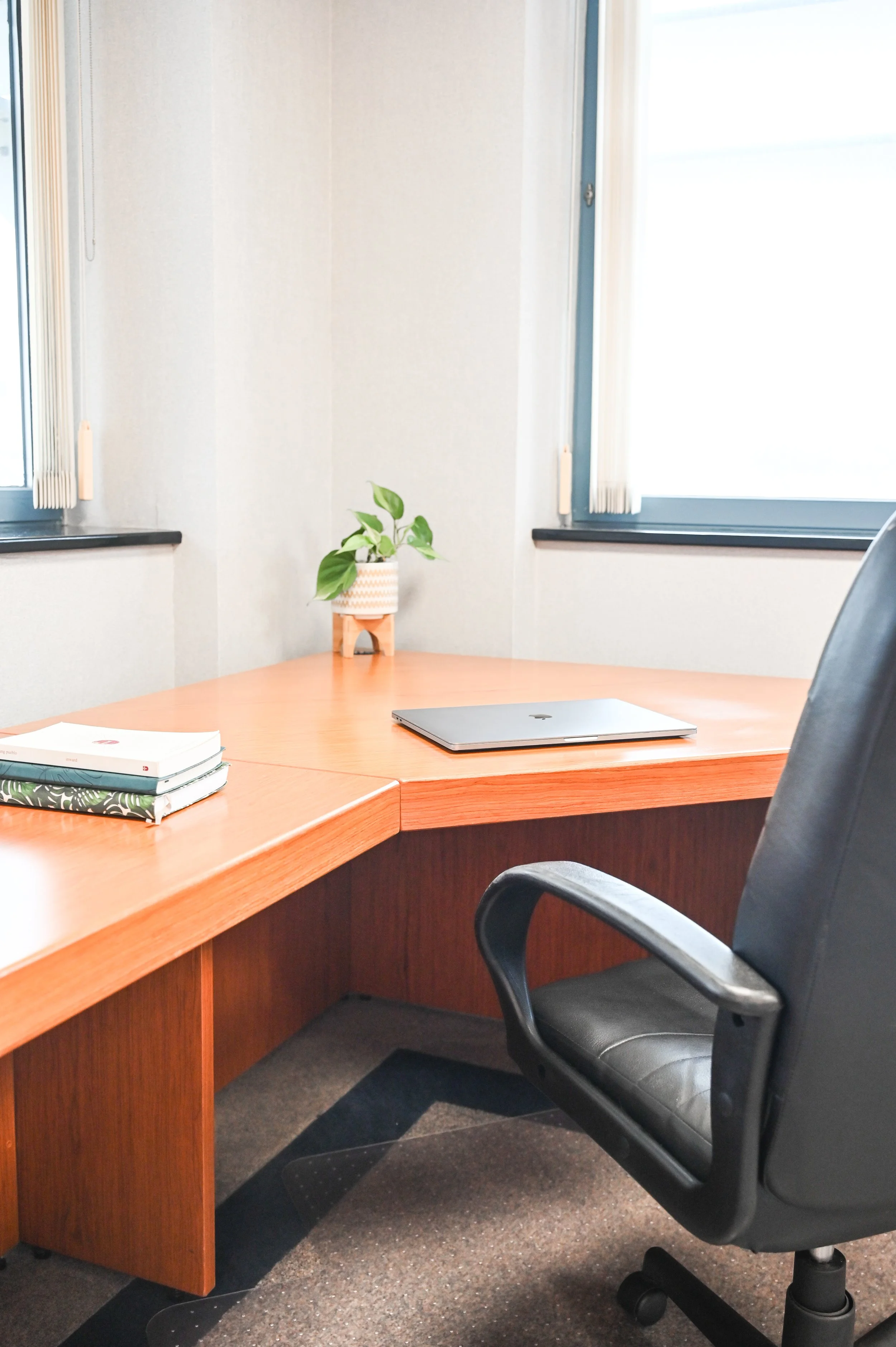 An office desk with a potted plant, a closed laptop, and some books, beside a black office chair in front of two windows with vertical blinds.