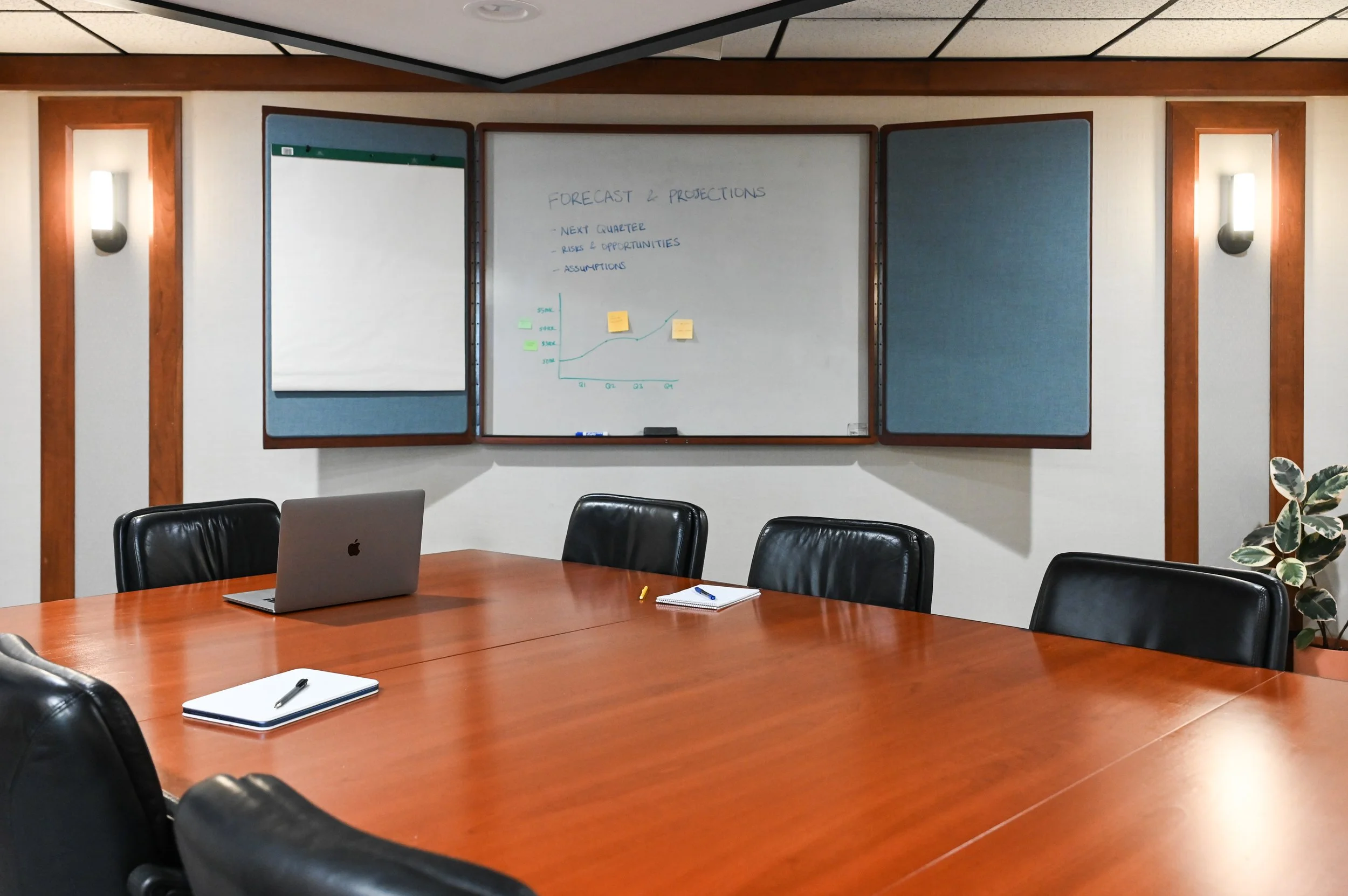 Empty conference room with a large wooden table, black leather chairs, a closed MacBook, notebooks, and pens on the table. The whiteboard at the front has handwritten notes on forecast and projections, with sticky notes and a small chart. The room ha