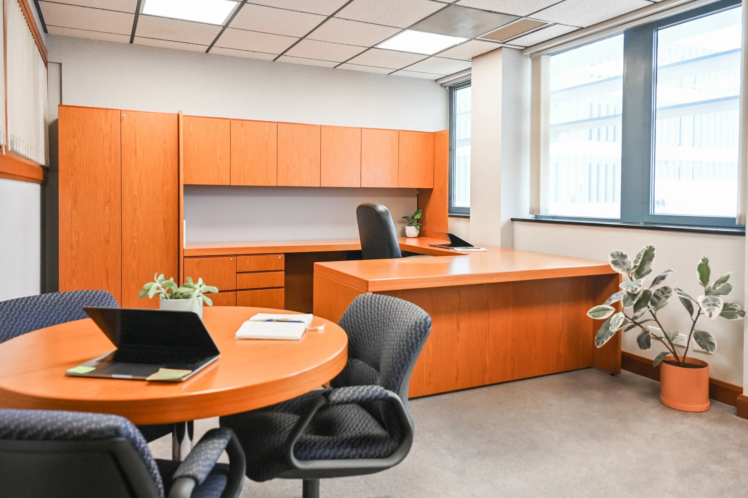 An office with a wooden desk, a black swivel chair, a round conference table with chairs, a laptop, notebooks, and potted plants. Large windows let in natural light.