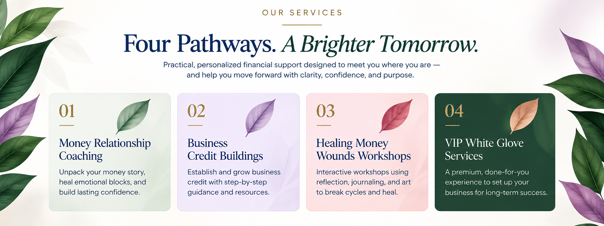 Finances Simple Group services including Money Relationship Coaching, Business Credit Building, Healing Money Wounds Workshops, and VIP White Glove Services