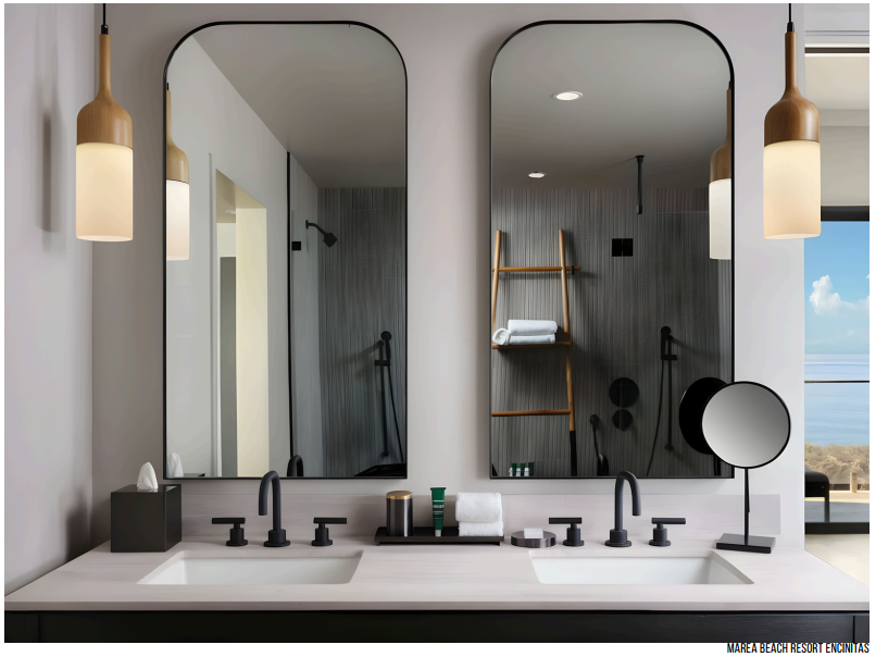 Marea Beach Resort — Encinitas — Paired vanity mirrors with rounded corners and a slim dark frame.