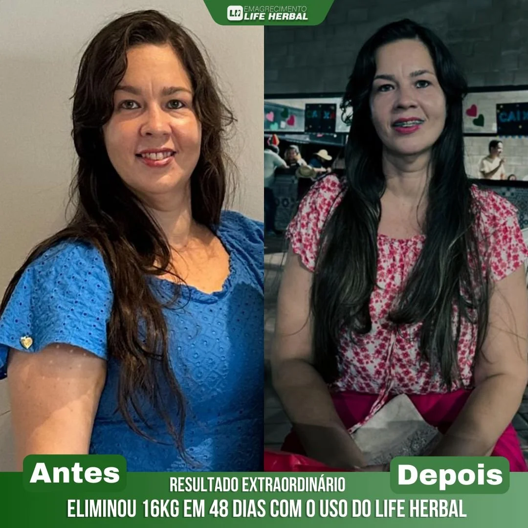 Imagem dividida em duas partes, mostrando uma mulher à esquerda antes do uso do produto Life Herbal, com cabelo castanho, rosto sorridente e vestido azul, e à direita depois do uso do produto, com cabelo maior e vestido rosa com estampa vermelha, em um ambiente de restaurante ou café, com expressão neutra ou levemente séria.