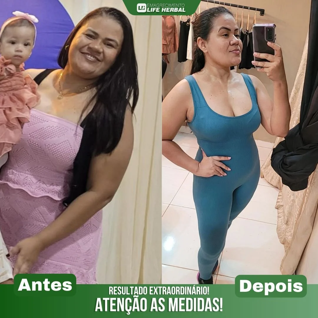 Foto de antes e depois de uma mulher que mostra a transformação física. Na foto "antes", ela está sorrindo, segurando uma criança, usando um vestido rosa claro. Na foto "depois", ela está se olhando no espelho, vestindo roupa de ginástica azul, com postura confiante.