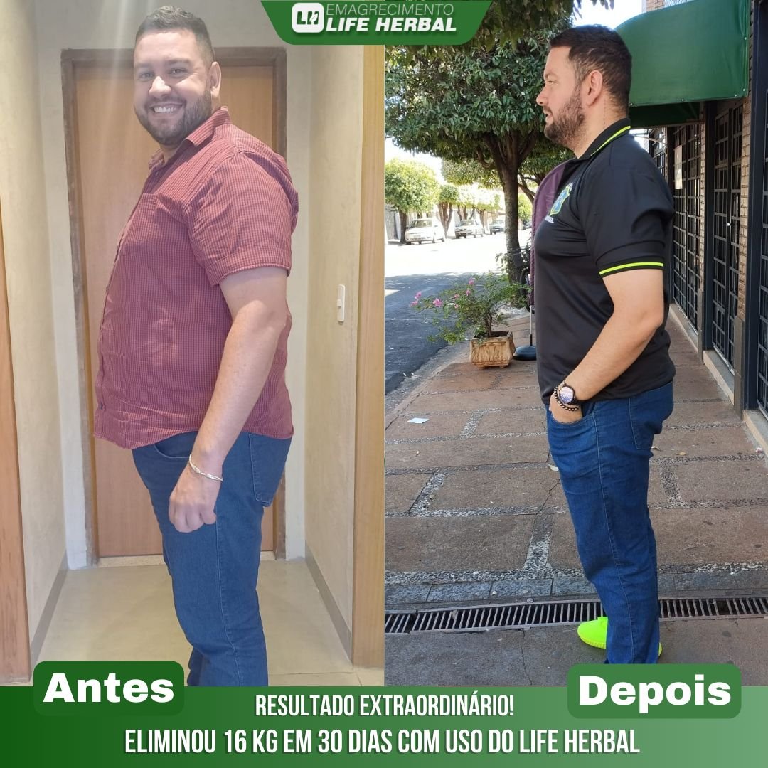 Imagem de antes (esquerda) e depois (direita) de um homem mostrando uma transformação corporal devido ao uso do Life Herbal, com uma perda de peso de 16 kg em 30 dias. Na foto de antes, ele está usando uma camisa de manga curta vermelha e calças jeans, sorrindo. Na foto de depois, ele está ao ar livre, usando uma camiseta preta com detalhes verdes, com uma postura diferente e mais magro.