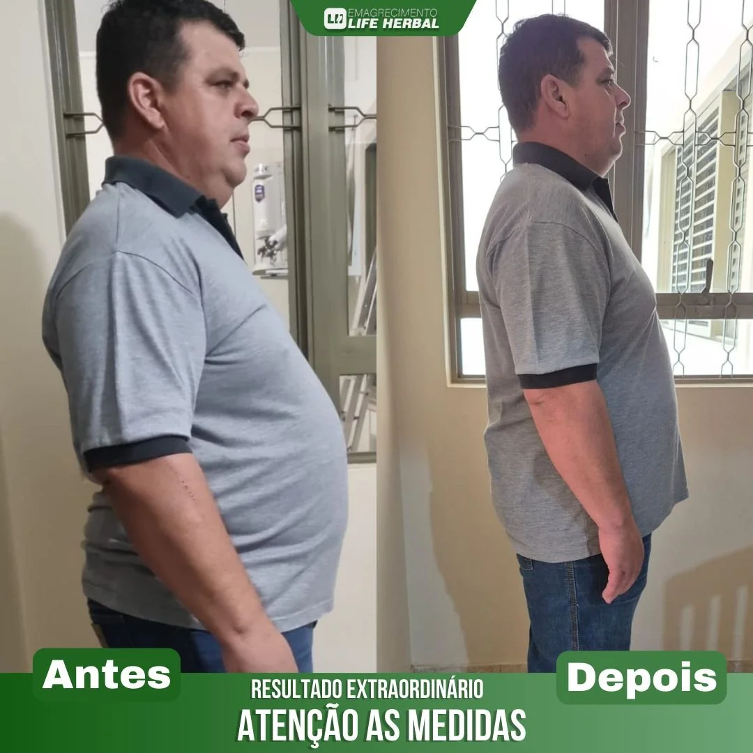Antes e depois de uma transformação corporal, mostrando a diferença no peso e na aparência do homem, no lado esquerdo com mais peso e no lado direito mais magro, usando uma camisa cinza com detalhes pretos.