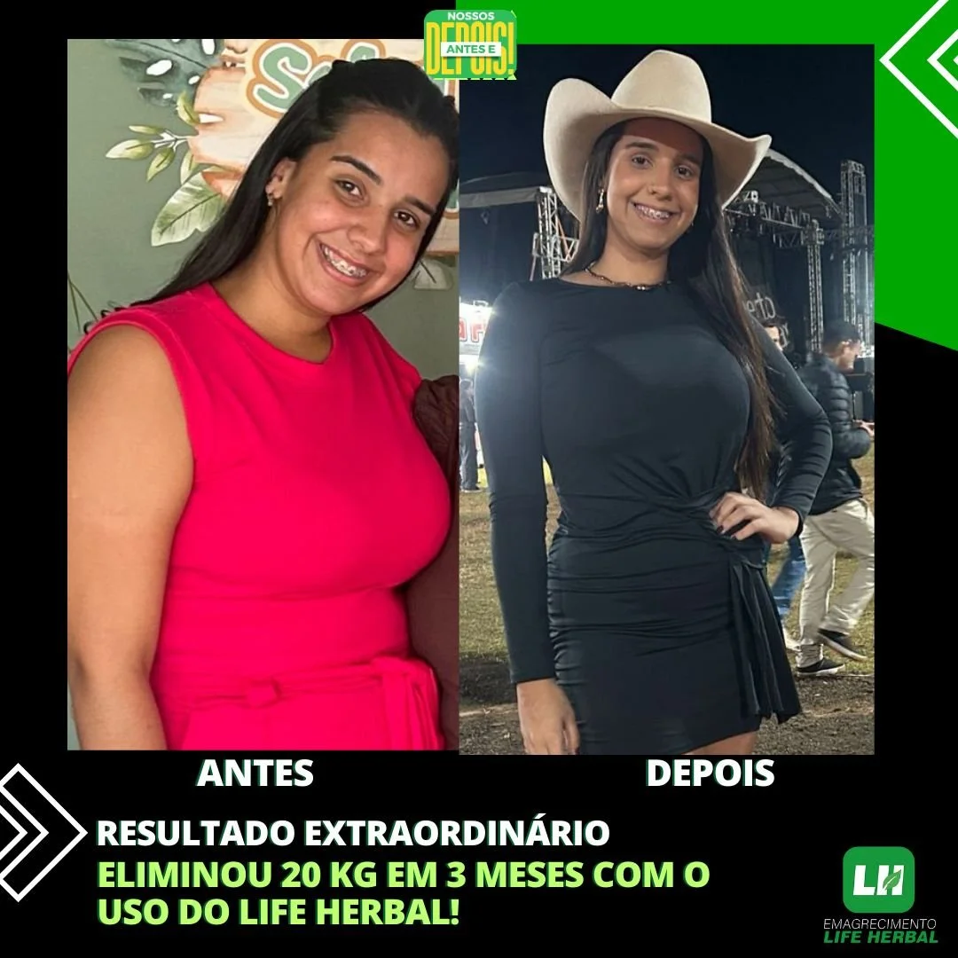 Antes e depois de uma mulher que usou o Life Herbal, mostrando perda de peso de 20 kg em 3 meses, com um lado vestida de rosa e o outro de preto com chapéu
