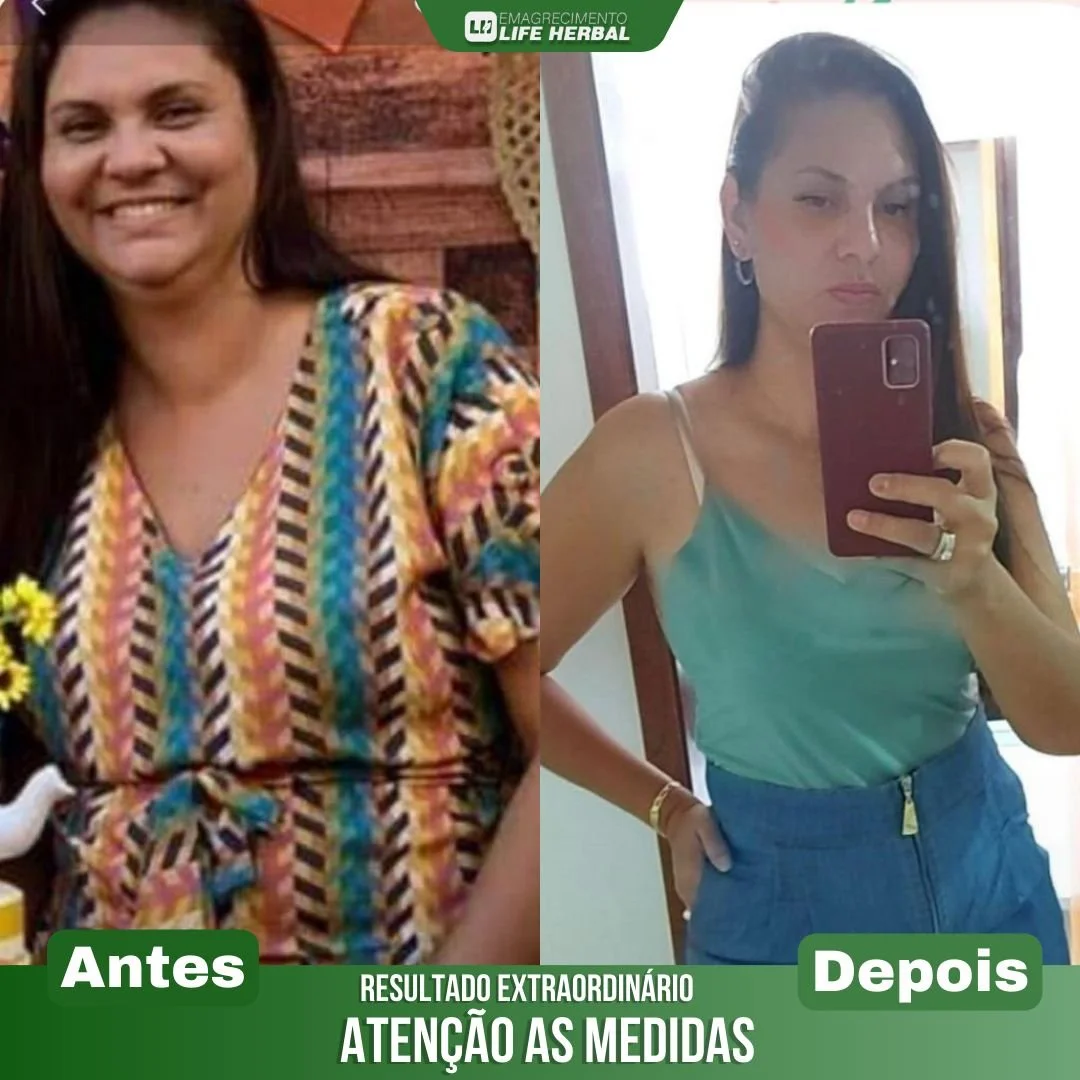 Foto comparativa de uma mulher antes e depois de uma transformação. A foto à esquerda mostra ela sorrindo, com cabelos soltos e usando um vestido colorido com padrão de listras. A foto à direita mostra ela com expressão mais séria, cabelo penteado e cabelo escuro, usando uma blusa verde-água e saia azul, tirando uma selfie em frente ao espelho.