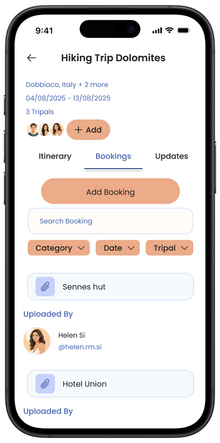 Tripals app booking hub showing uploaded travel bookings searchable by type.