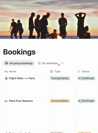 Animated view of the Tripals Notion booking hub with travel bookings searchable by attending travelers.