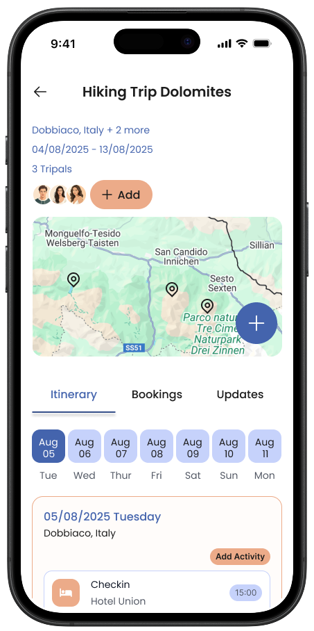 Tripals app interface showing an individual group trip with itinerary, interactive map, and daily activities.