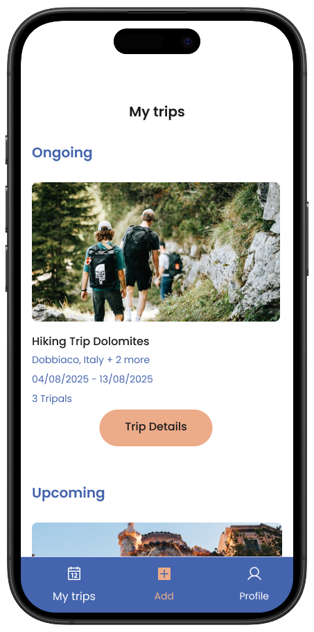 Tripals app interface showing a user’s list of planned group trips.