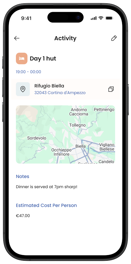 Tripals app activity view showing a confirmed location with notes and estimated cost per person.