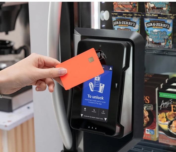 The door unlocks with a tap of a card or phone.