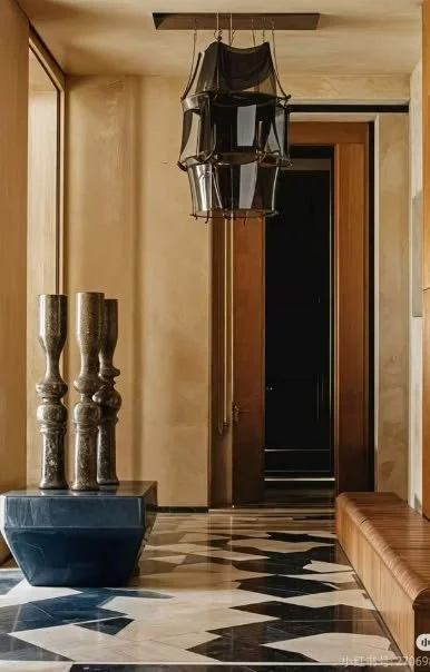 Innenansicht eines Flurs mit hellbraunen Wänden, einem Boden mit schwar-weißen Marmorfliesen, auf der linken Seite eine schwarze Blumenvase mit drei silbernen Kerzenständern. In der Mitte eine Deckenleuchte aus schwarzen und transparenten Reihen, im Hintergrund eine offene Tür zu einem dunklen Raum.