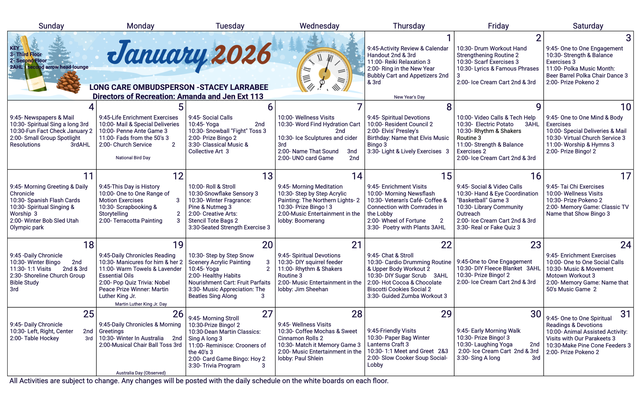 January 2026 activity calendar with daily scheduled events, activities, and celebrations for a long term care facility, including exercise, social activities, music, and special observances.