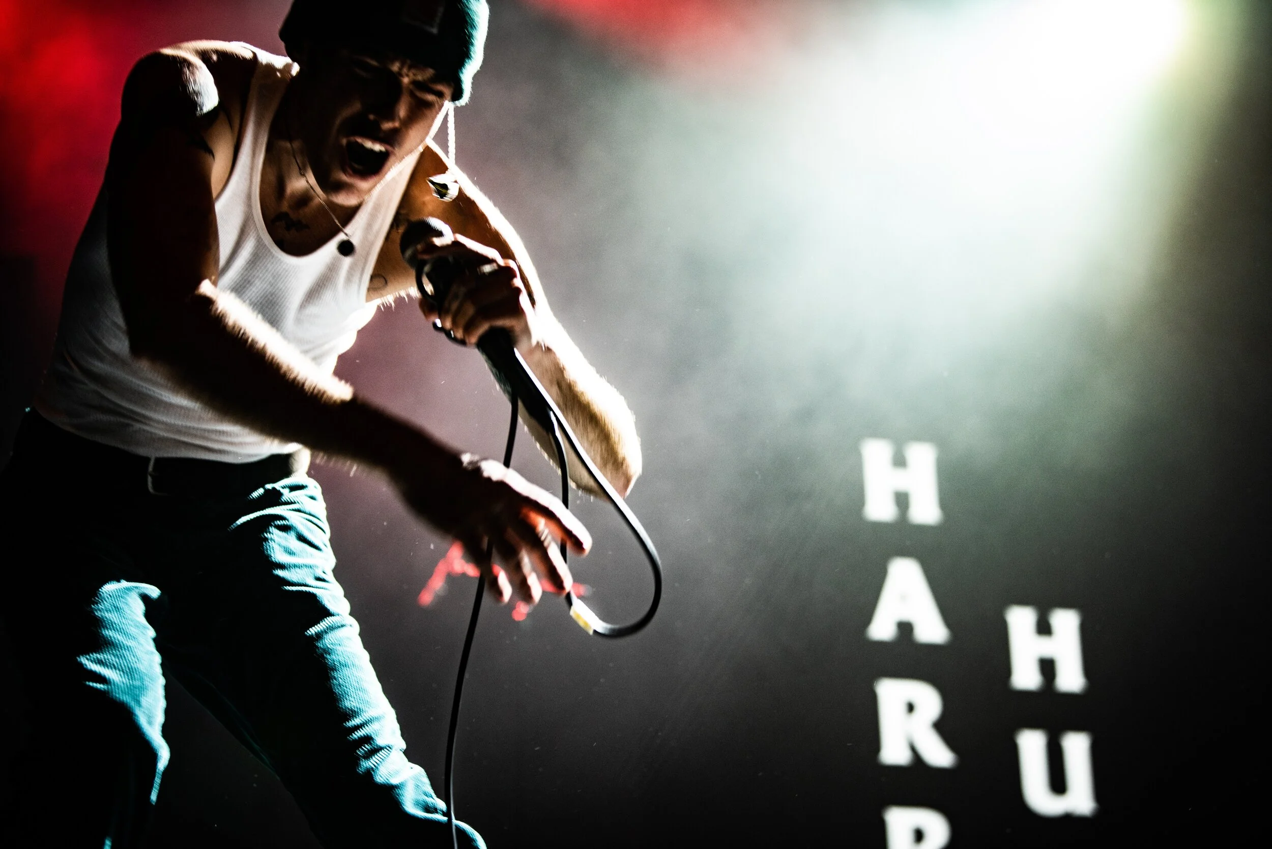 Performer singing passionately into a microphone on stage with bright lights and the word "HARR