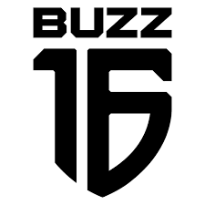 Bold black text reading 'BUZZ' above a stylized number '16' on a white background