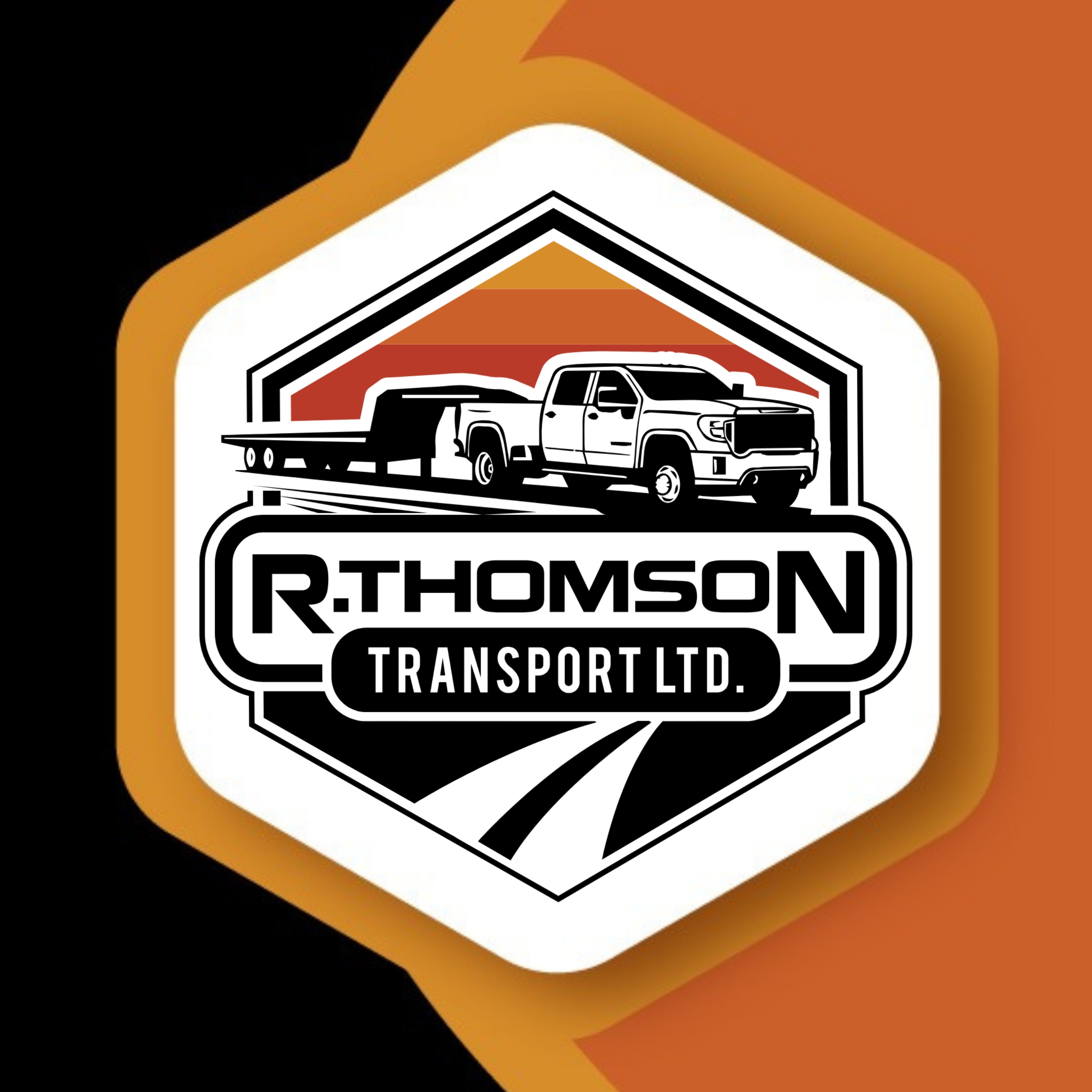 R. Thomson Transport Ltd. logo featuring a heavy-duty dually truck and flat deck trailer inside a shield-style emblem with black, white, orange, and red industrial branding colours.