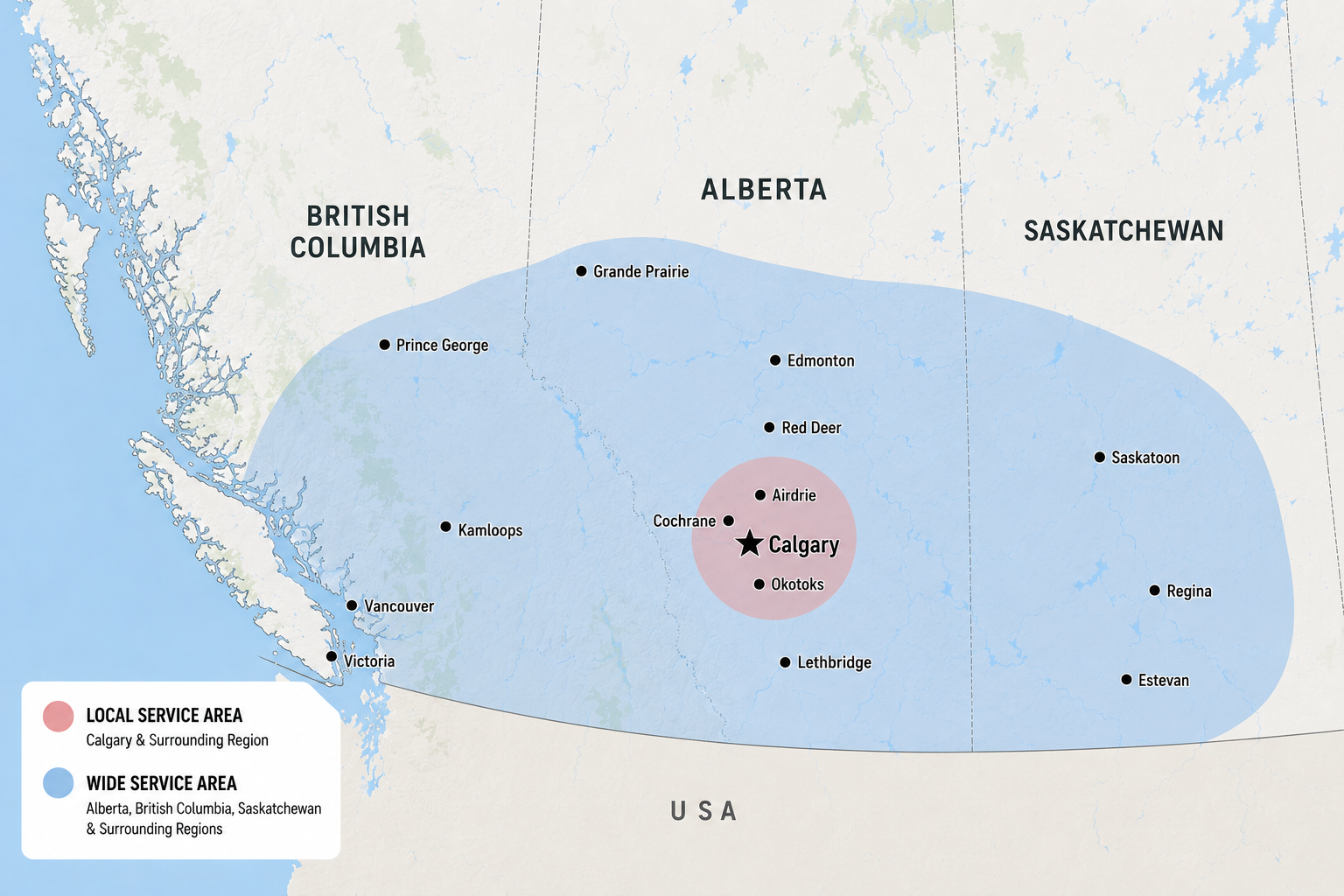 Simple service area map for R. Thomson Transport Ltd. showing Calgary and surrounding local service region, with broader hauling and expedited freight coverage across Alberta, British Columbia, Saskatchewan, and Western Canada.
