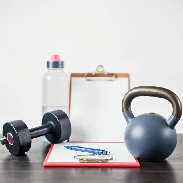 Various workout equipment including dumbbells, resistance bands, a clipboard, and a water bottle on a workout surface.