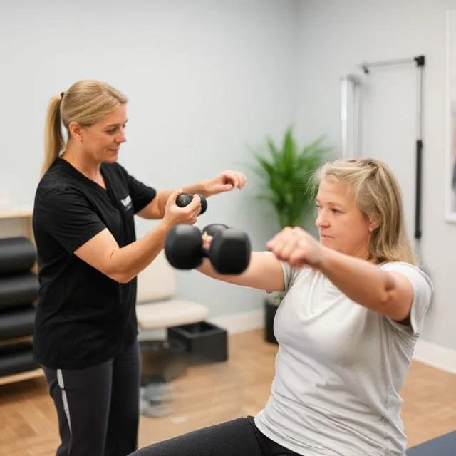 A woman practicing yoga on an orange mat with the assistance of a yoga instructor in a black tank top and white leggings in a studio with plain white walls.