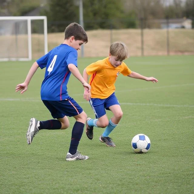 Two boys playing soccer on a green artificial turf field with a building and scooters in the background.