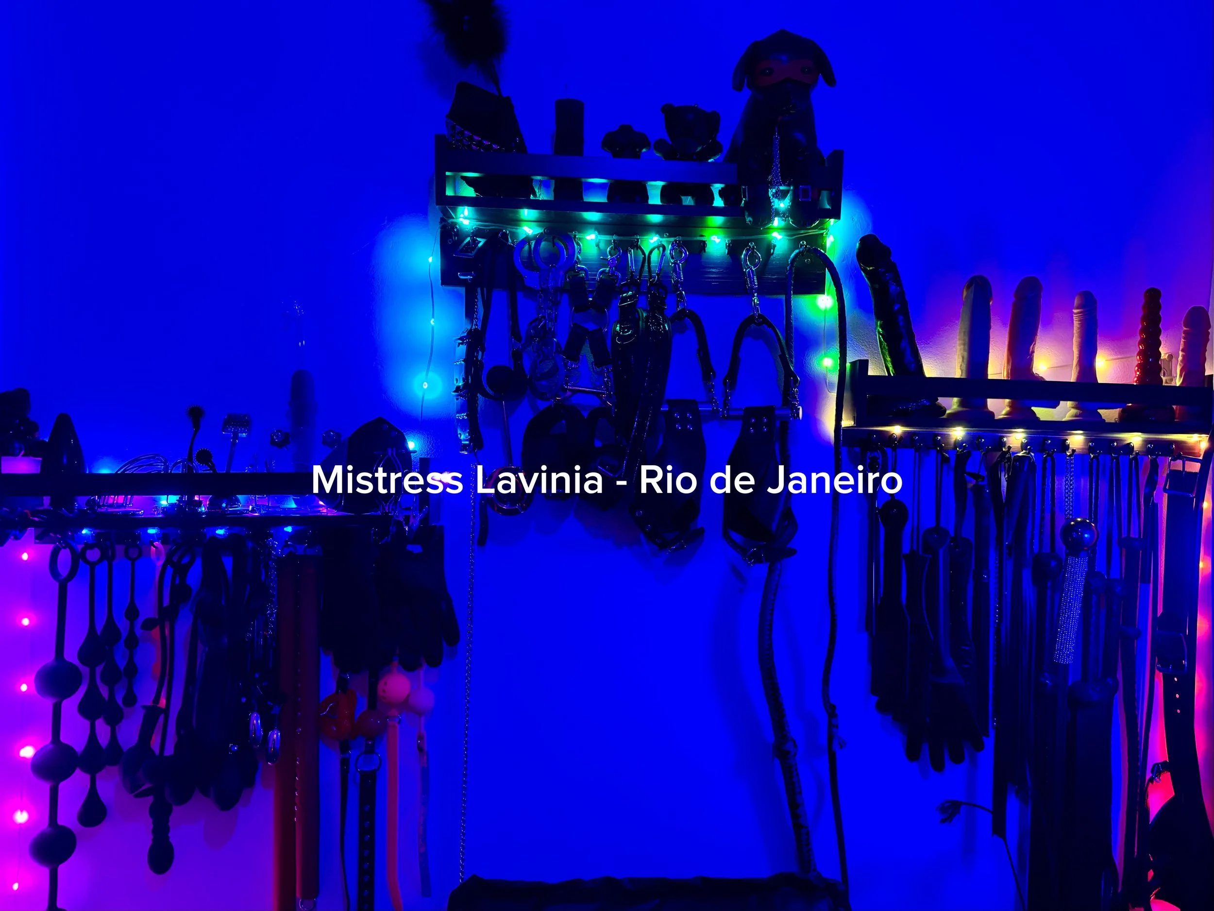 Coleção de acessórios de bdsm e brinquedos eróticos iluminada com luzes coloridas no ambiente de uma sala de appartamento.