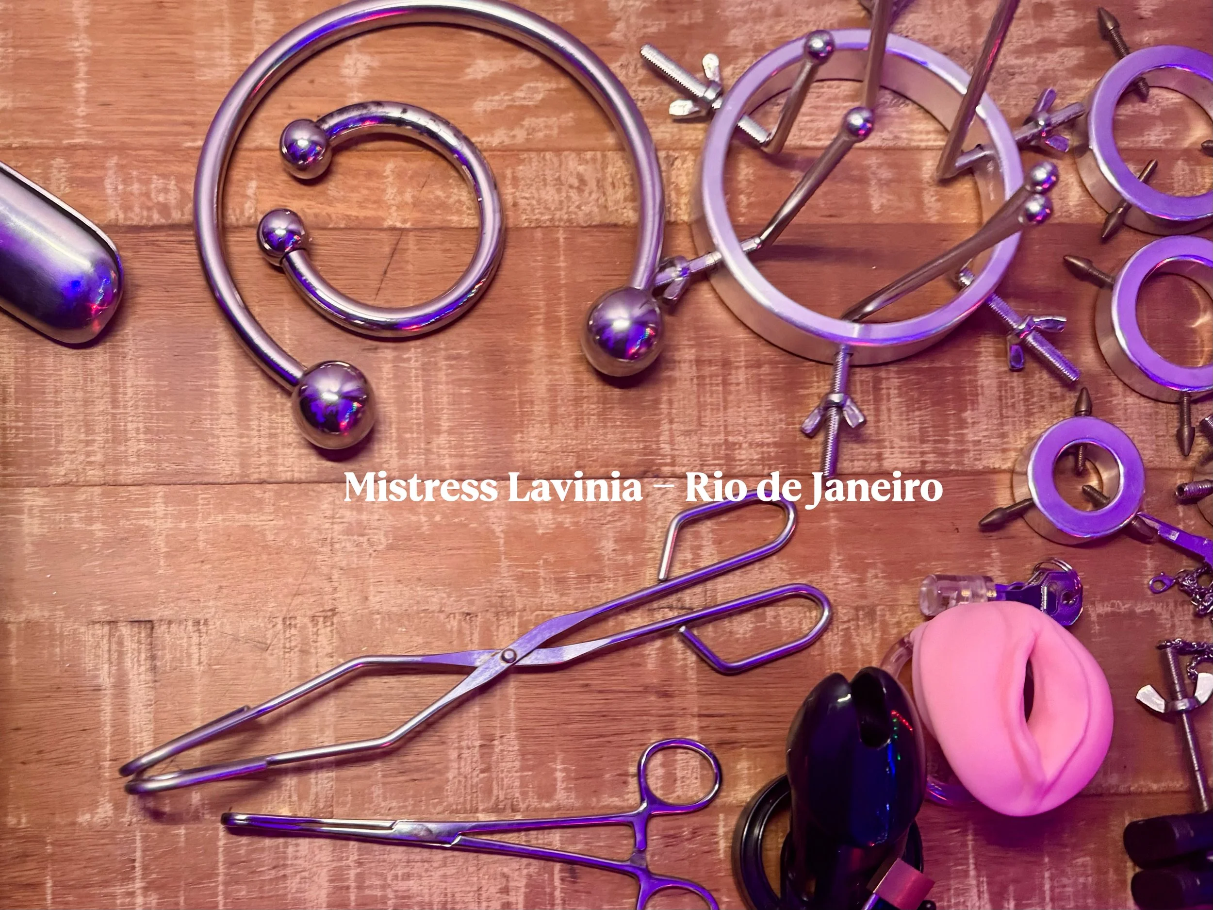 Coleção de objetos de metal e silicone nas cores prata e rosa sobre uma mesa de madeira, incluindo algemas, um plug anal, cerca de aço e outros acessórios. Texto sobreposto: "Mistress Lavinia - Rio de Janeiro".