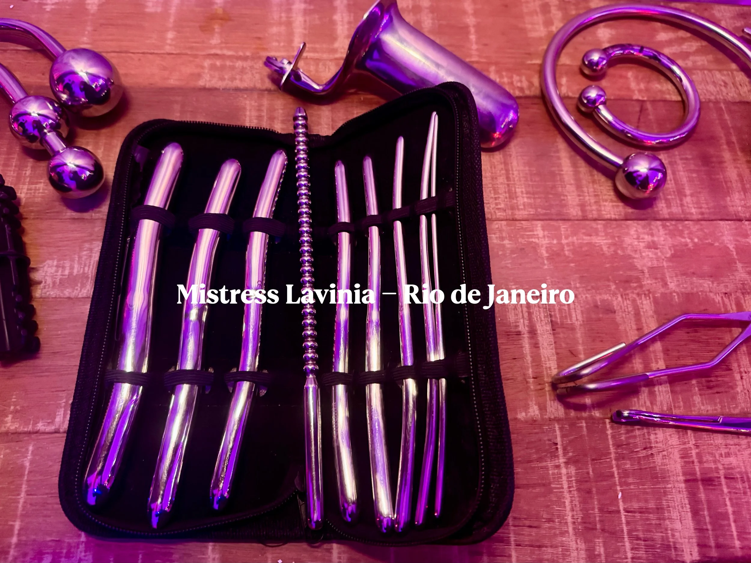 Conjunto de objetos de metal de aparência brilhante sobre uma mesa de madeira, incluindo diferentes tamanhos de varas retas, um par de músculos de metal, uma peça de metal em forma de arco, pinças e uma caixa preta para armazenamento