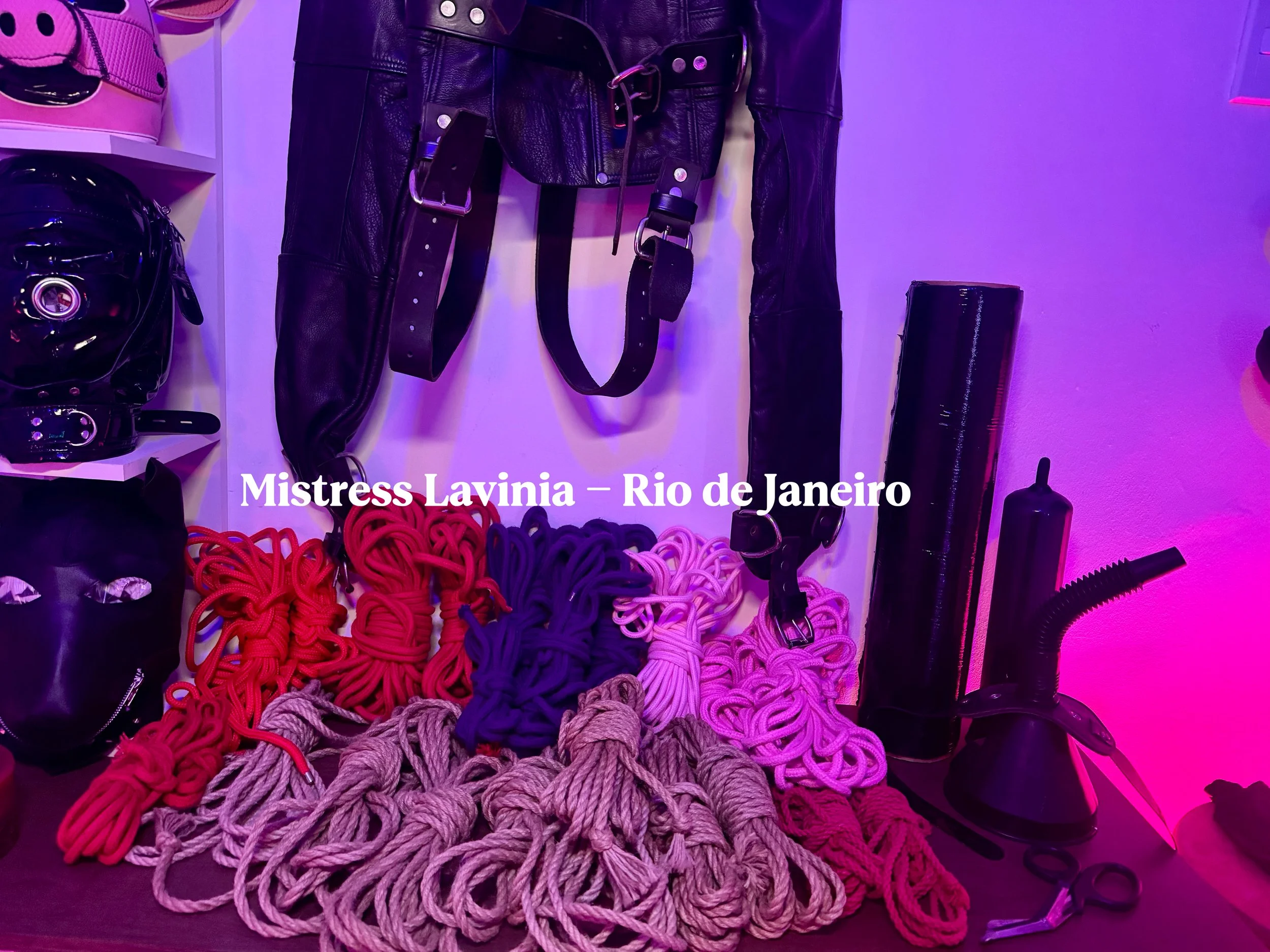 Coleção de acessórios de bondage, incluindo cordas coloridas, máscaras de couro, chicotes, algemas, cordas para amarração, e diversos equipamentos de restrição, exibidos em uma superfície com iluminação rosa e roxa, na loja Mistress Lavinia no Rio de