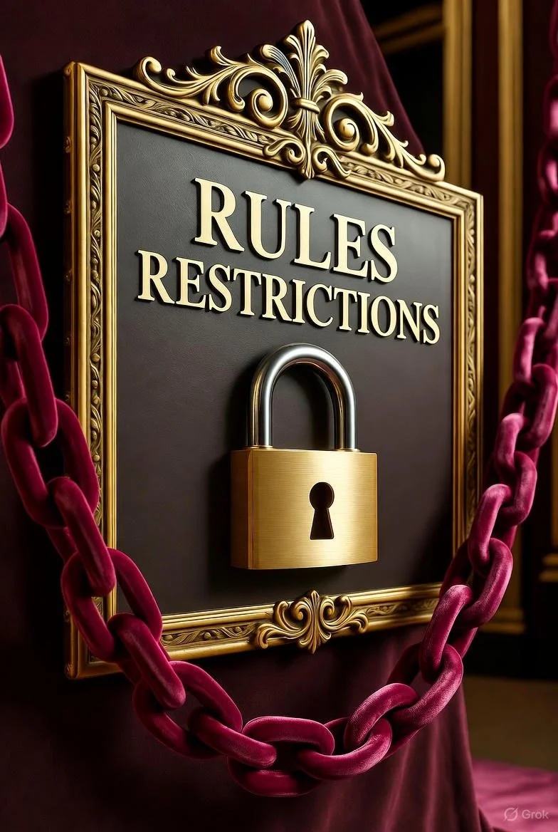 Um quadro com moldura dourada, com a frase 'REGRAS RESTRIÇÕES' e um cadeado dourado pendurado, cercado por uma corrente grossa de corda vermelha