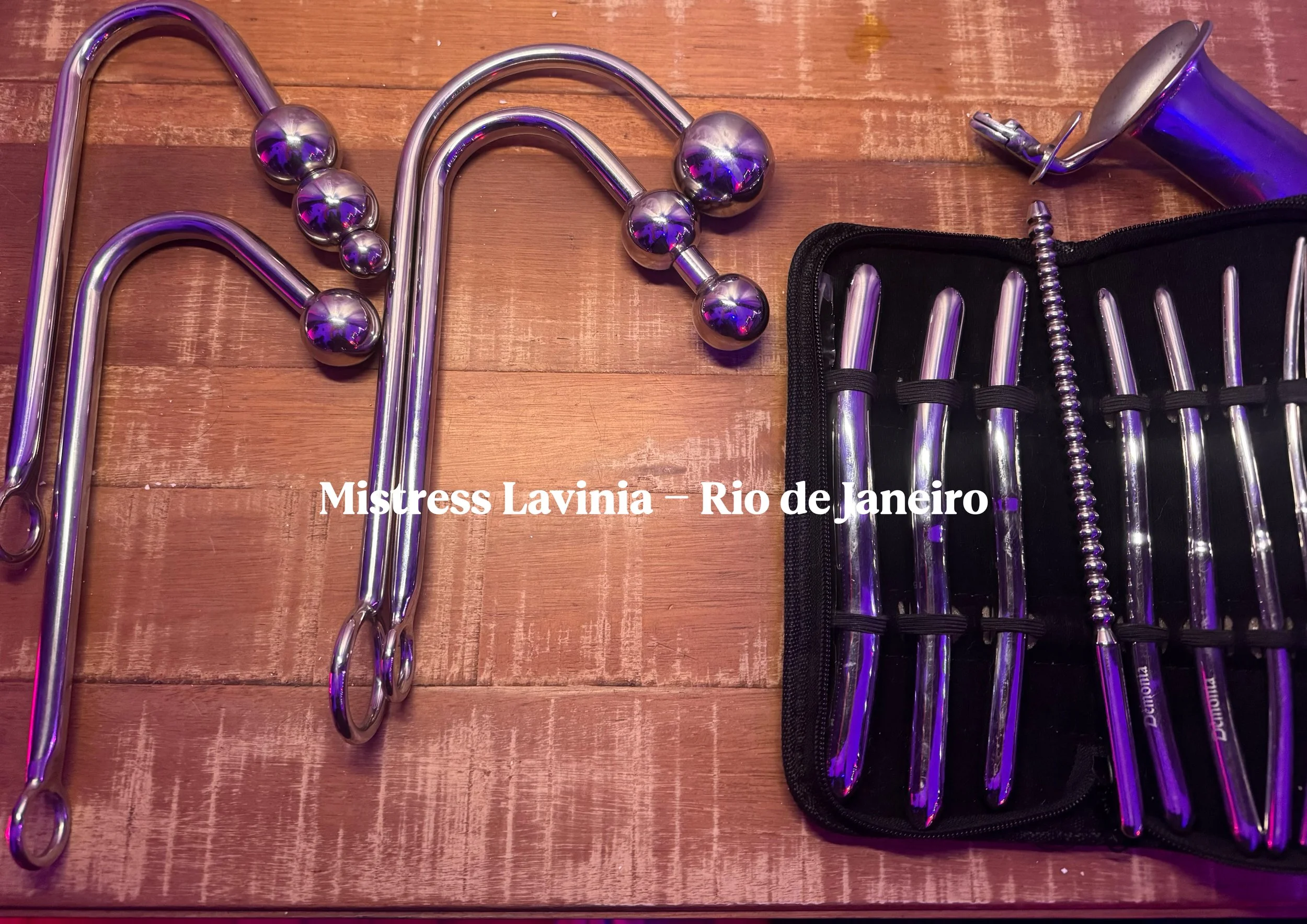 Kit de instrumentos de acupuntura com agulhas de metal, alguns com bolas e outros com tampas, em uma superfície de madeira, com o texto 'Mistress Lavinia - Rio de Janeiro'.