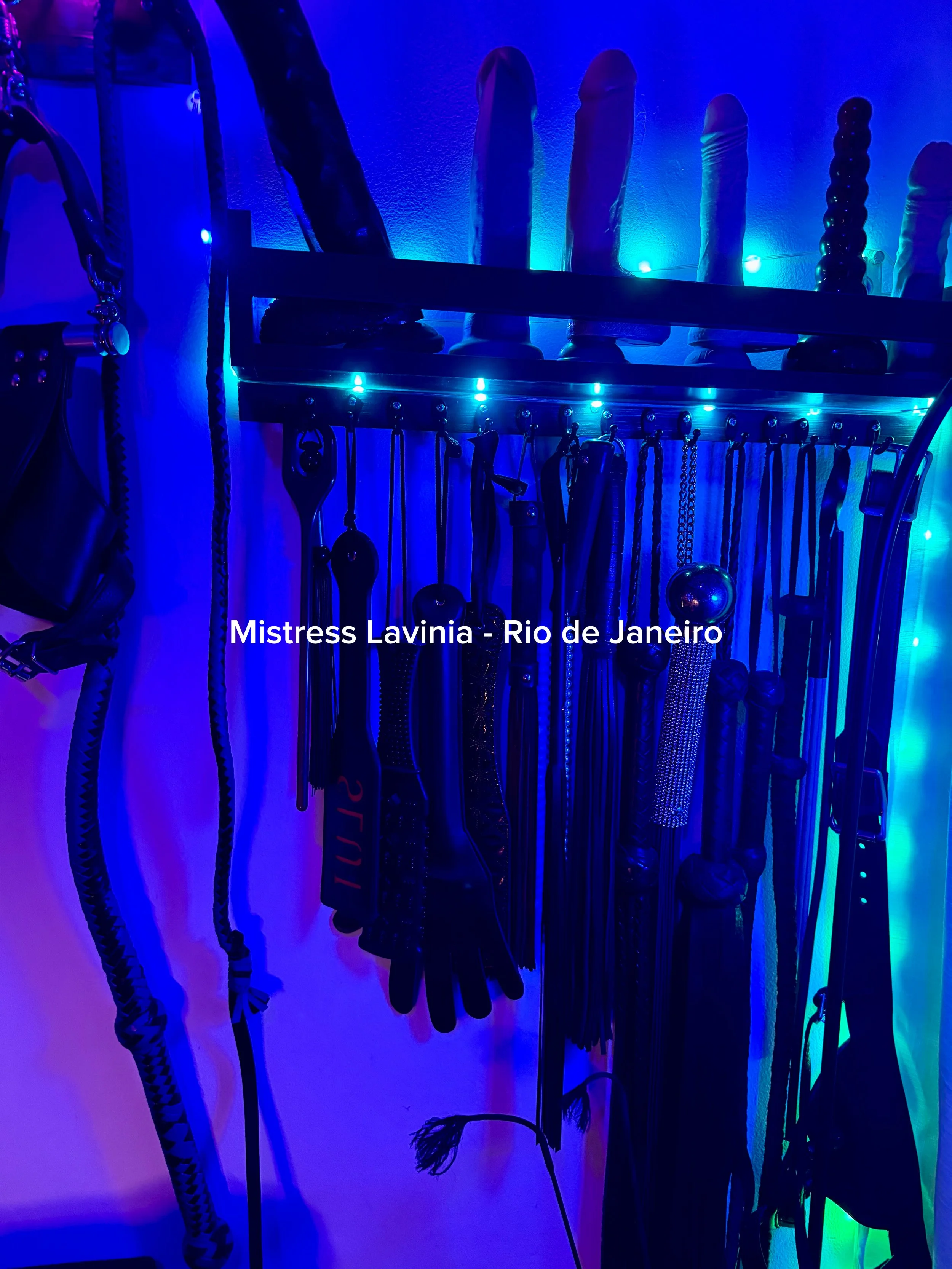 Coleção de brinquedos eróticos iluminados com luzes azuis na parede, incluindo dildos e outros objetos. Etiqueta na imagem: Mistress Lavinia - Rio de Janeiro.