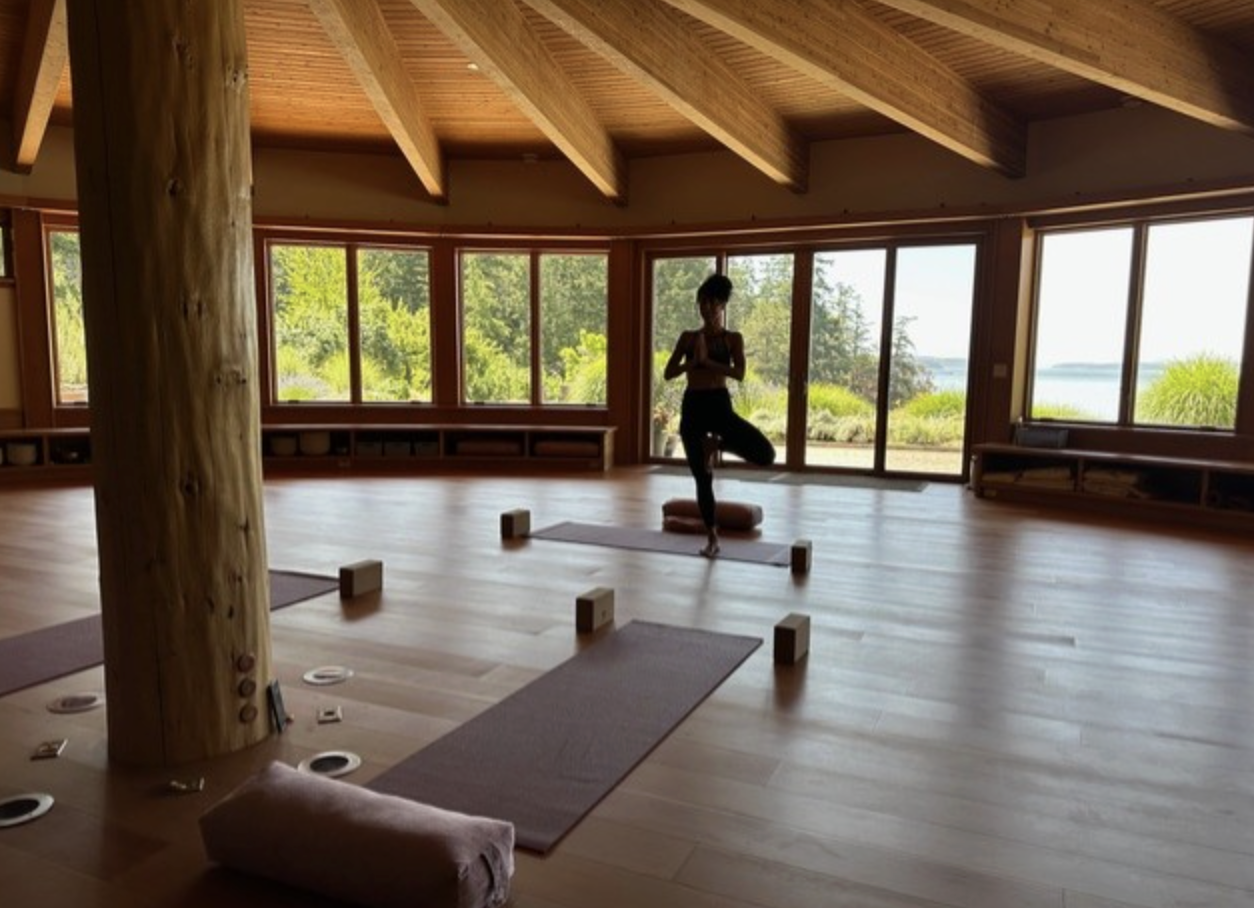 A person practicing yoga in a spacious room with large windows overlooking greenery and water. The person is standing in a tree pose on a yoga mat, with a peaceful outdoor scene visible through the windows.