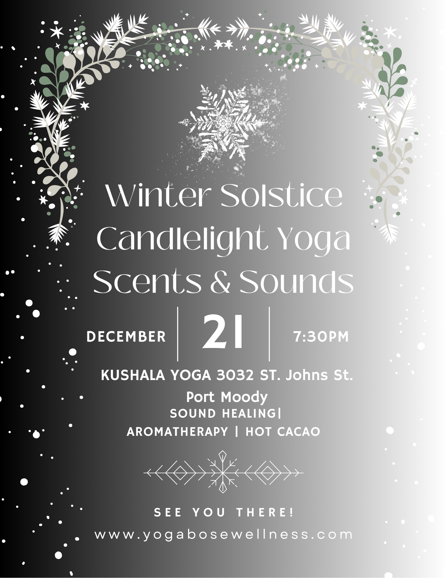 Event poster advertising a winter solstice candlelight yoga session with scents and sounds on December 21 at 7:30 PM at Kushala Yoga, 3032 St. Johns St., Port Moody. Features sound healing, aromatherapy, and hot cacao. Website listed is www.yogabosewellness.com.