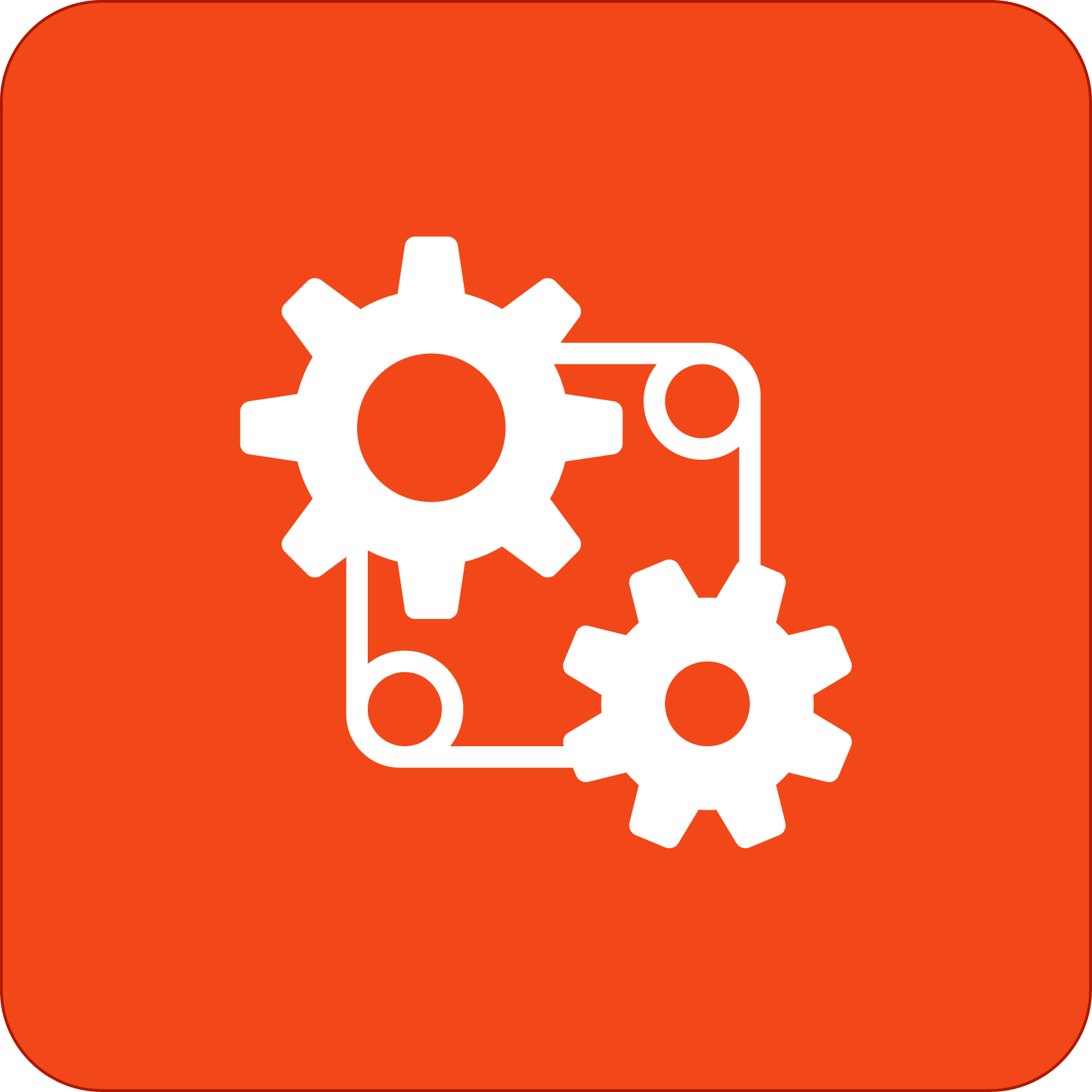Ikon av två vita kuggar på orange bakgrund.