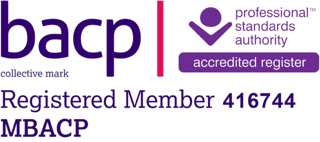 BACP logo with 'professional standards authority' symbol and text, 'accredited register,' and a registered member number 416744 MBACP.