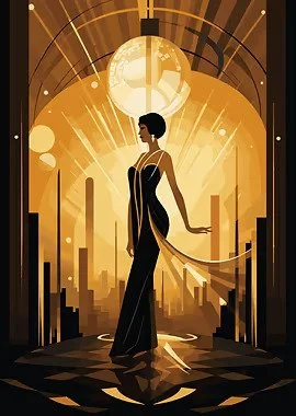 A stylized illustration of a woman in a black dress standing on a city street at night, with a glowing city skyline and large spherical lights in the background.
