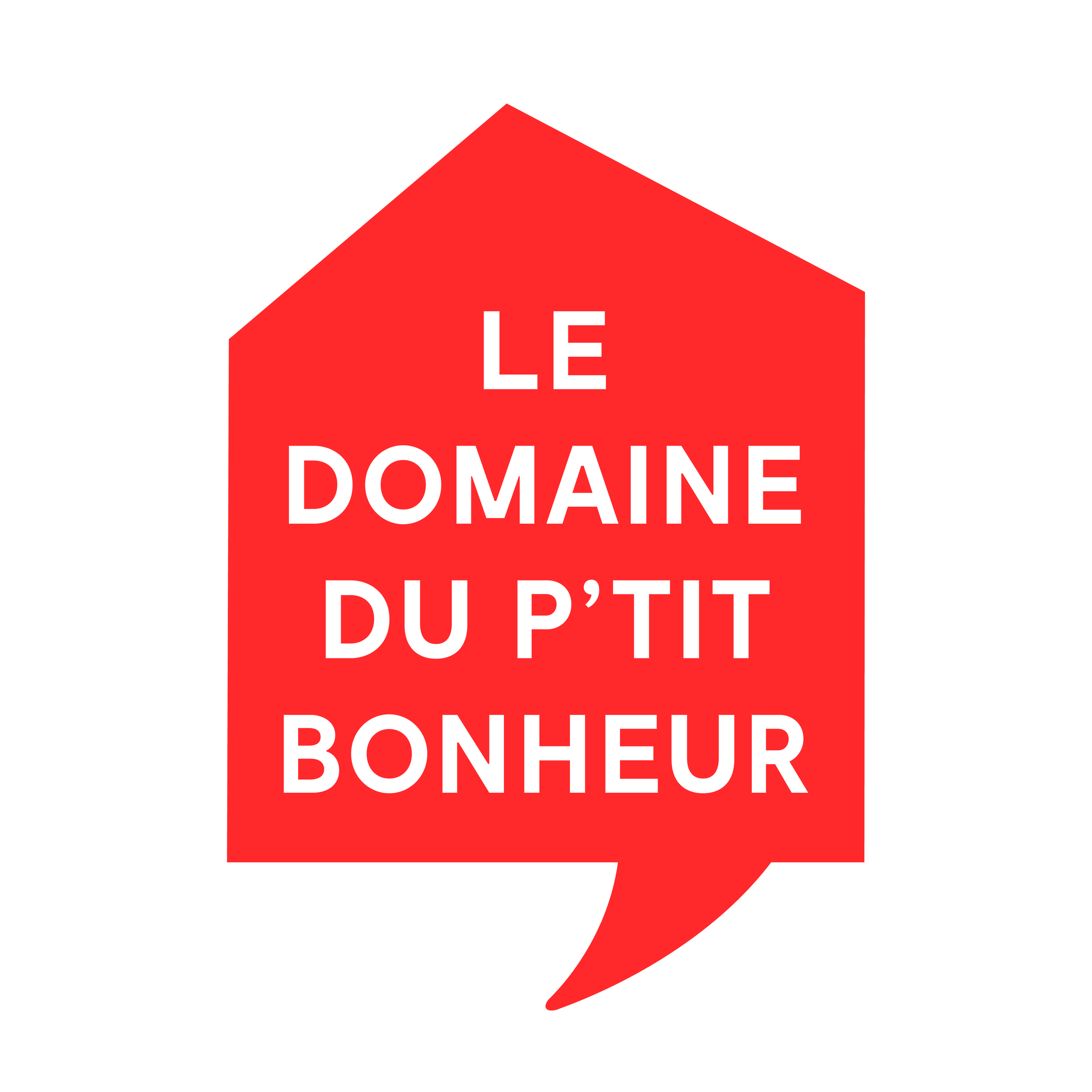 Logo rouge en forme de maison avec un fond blanc, contenant le texte blanc : « Le domaine du p'tit bonheur »