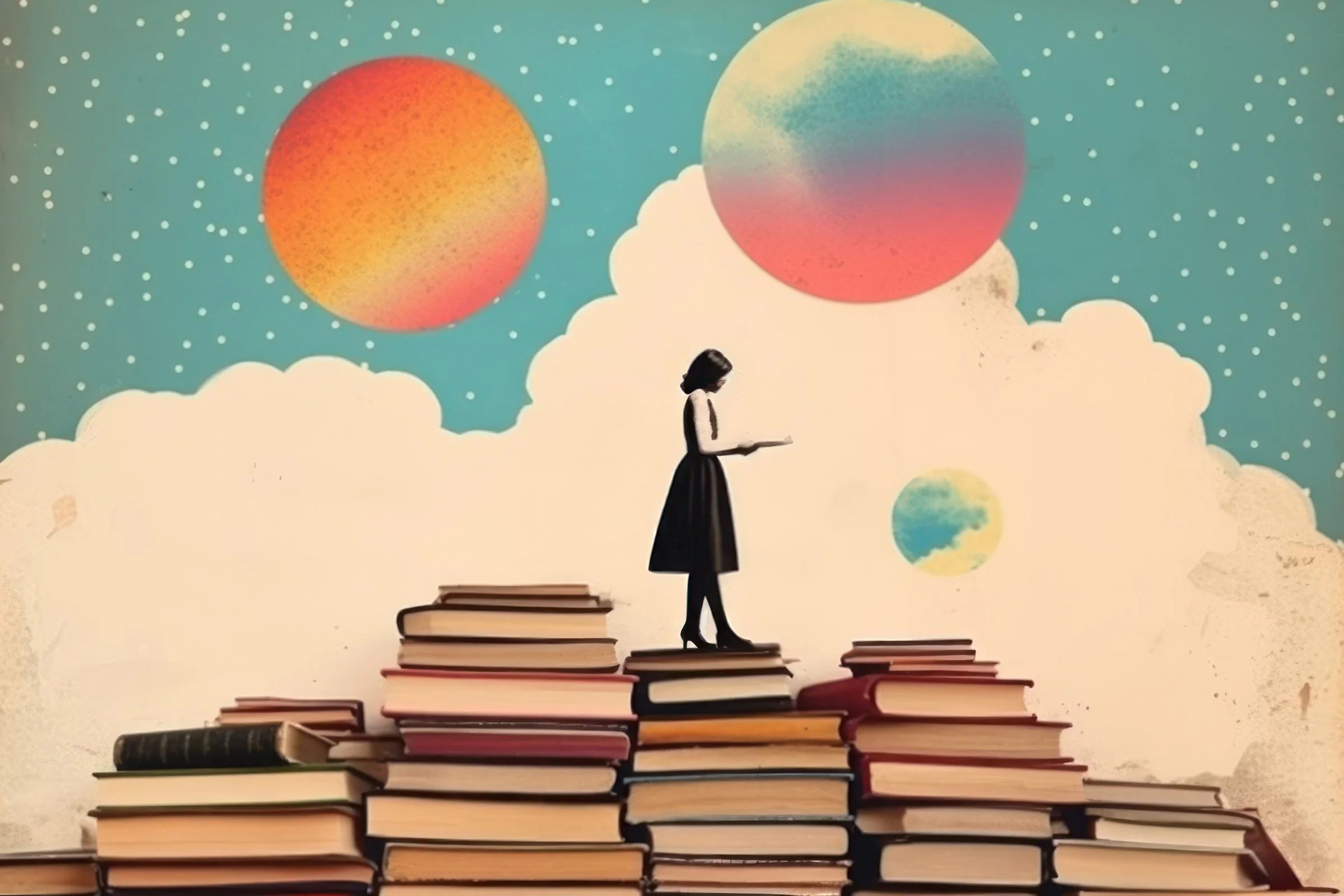 Illustration de type collage. Une femme qui marche sur un pile de livre en lisant. En arrière plan: nuage et trois planète dans les teintes de bleu, rose et orange.