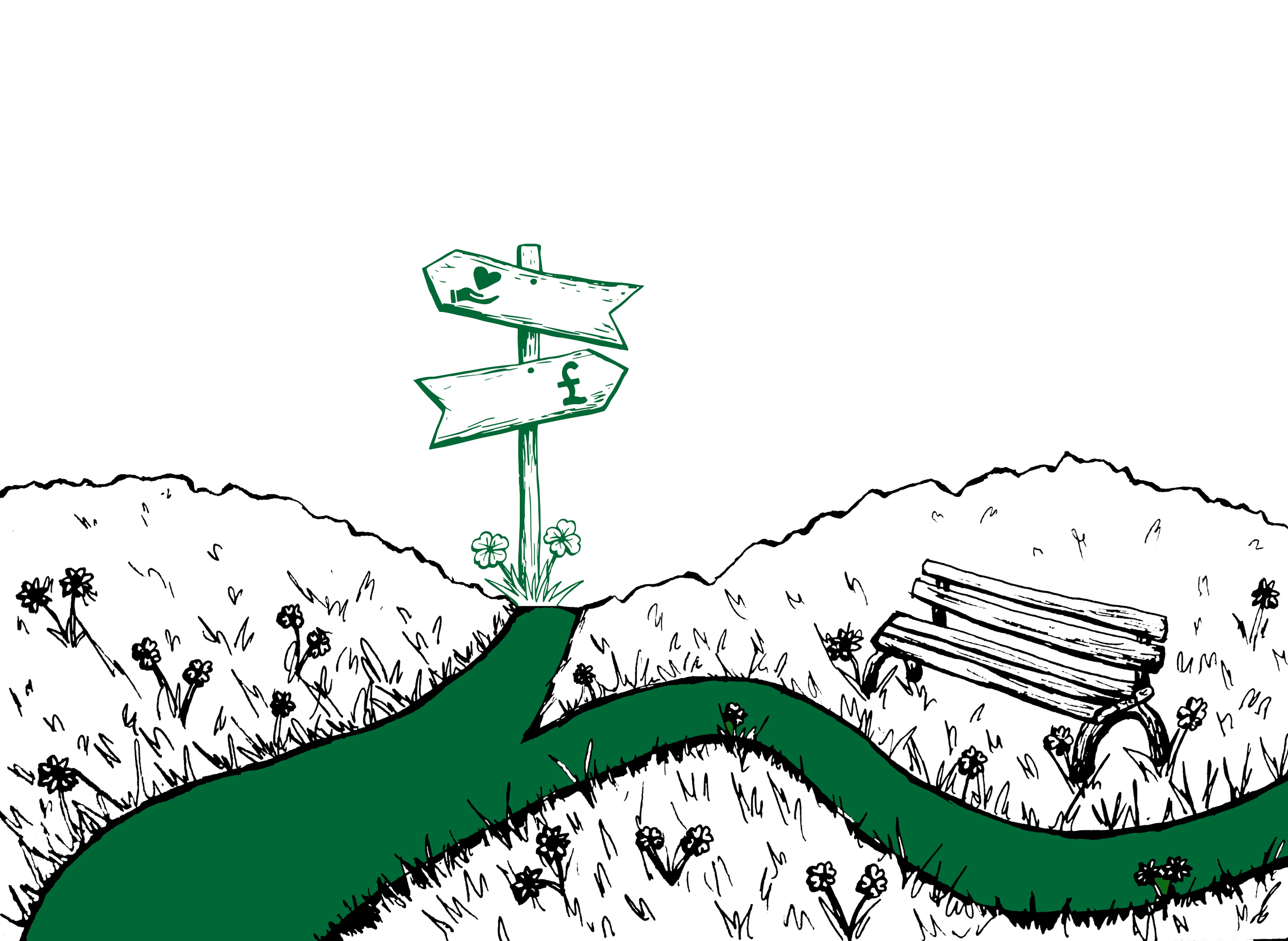 An illustration of a field with flowers and a bench. There is a green pathway running through the field, with the DETERMIND signpost logo on the path.