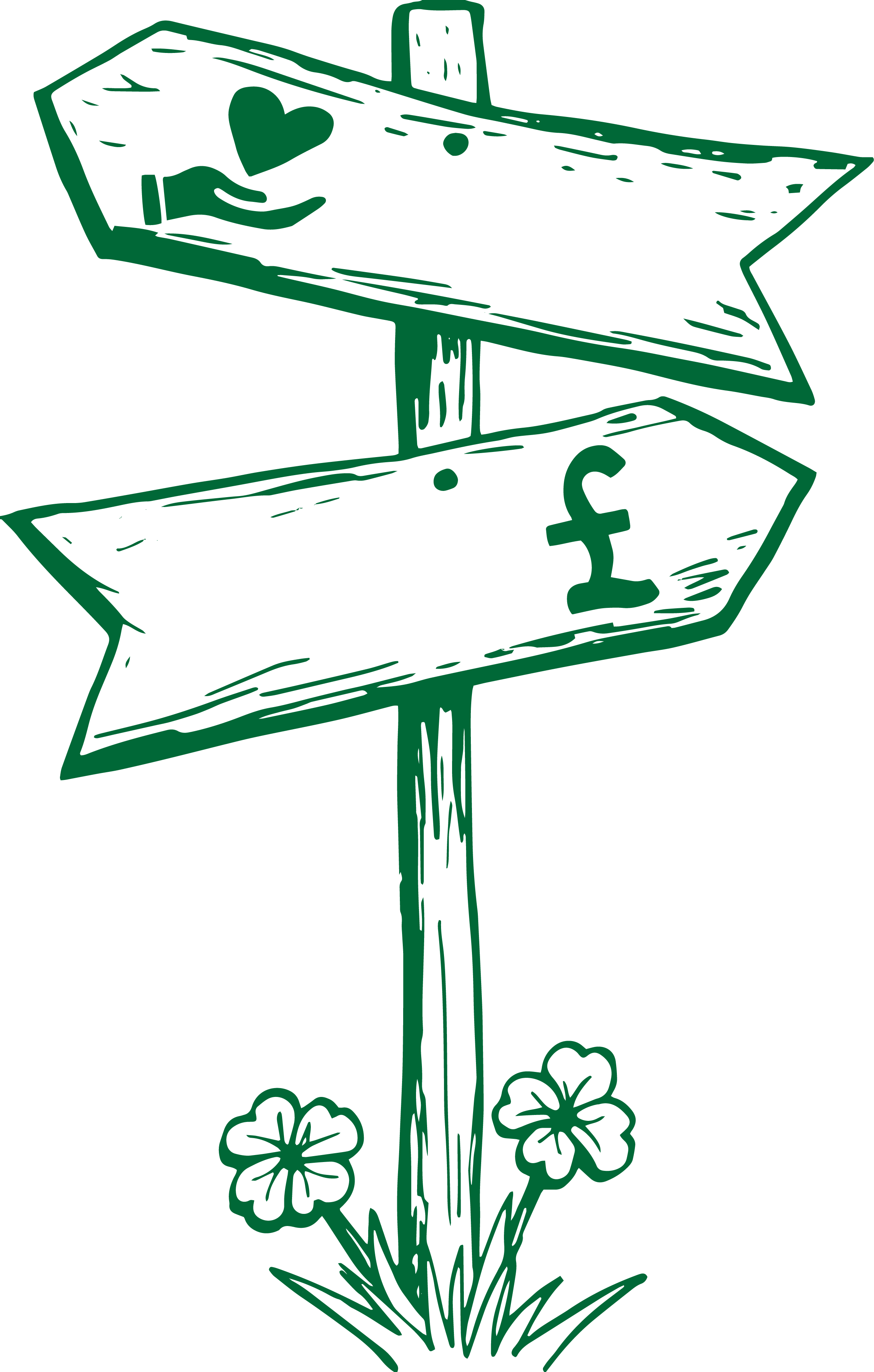 An illustration of the DETERMIND logo. The logo is a wooden signpost. The top arrow points left and has a symbol for care on it. The bottom arrow points right and has a symbol for money on it. At the base of the signpost are some flowers and grass.