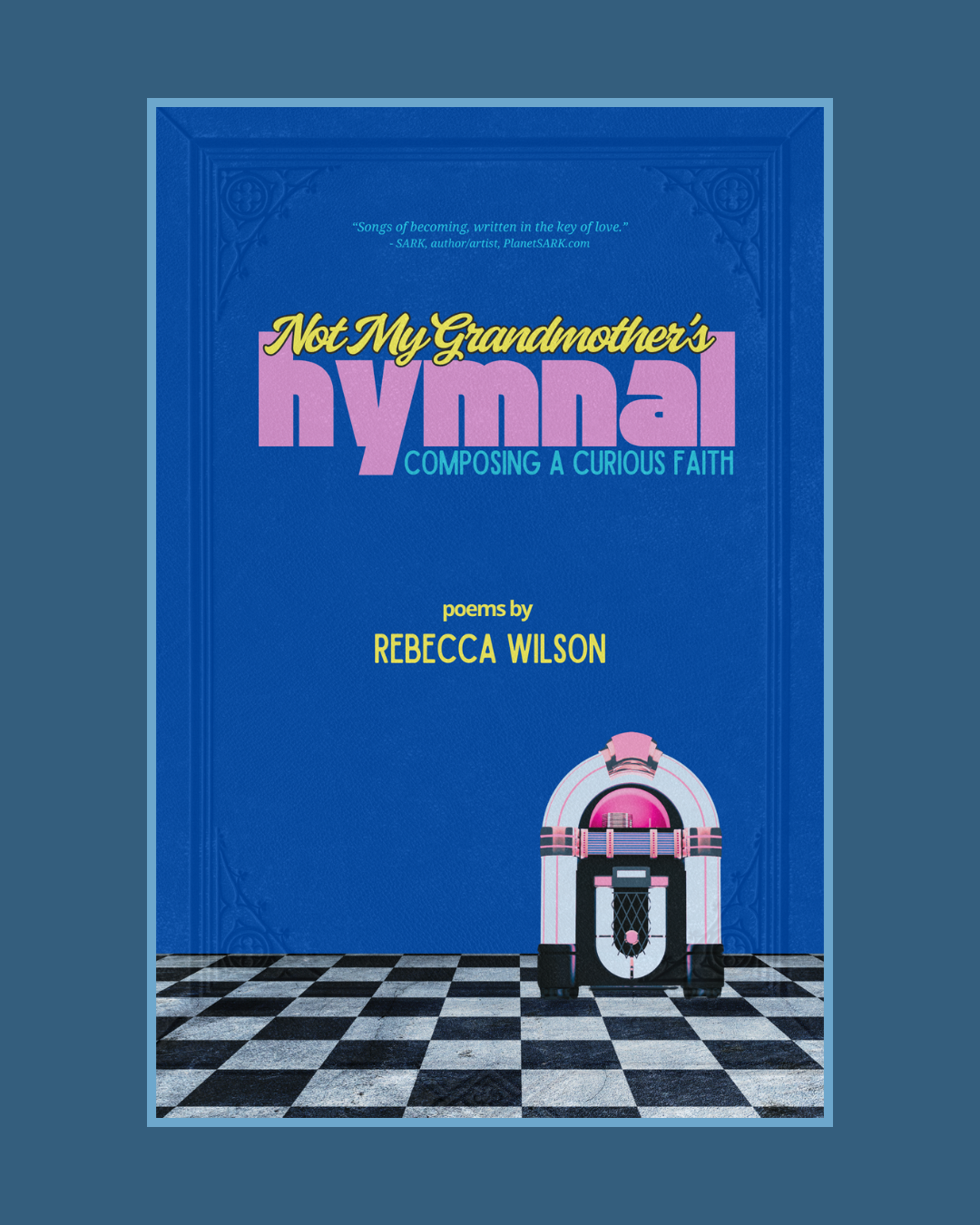 Blue book cover with bright letters. Black and white floor. Jukebox.